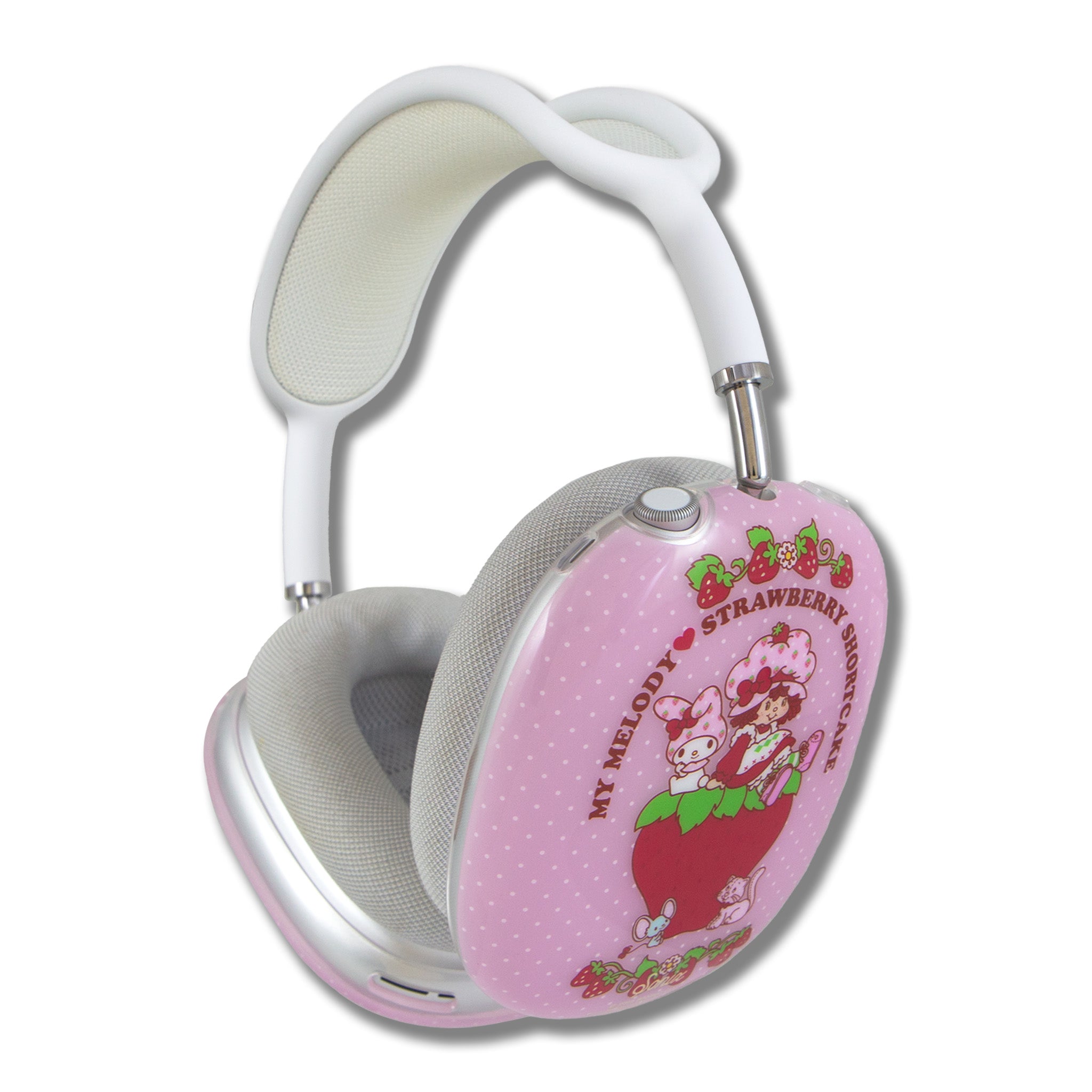 Front angle of airpods max smart case with My Melody & Shortcake illustration in pink.