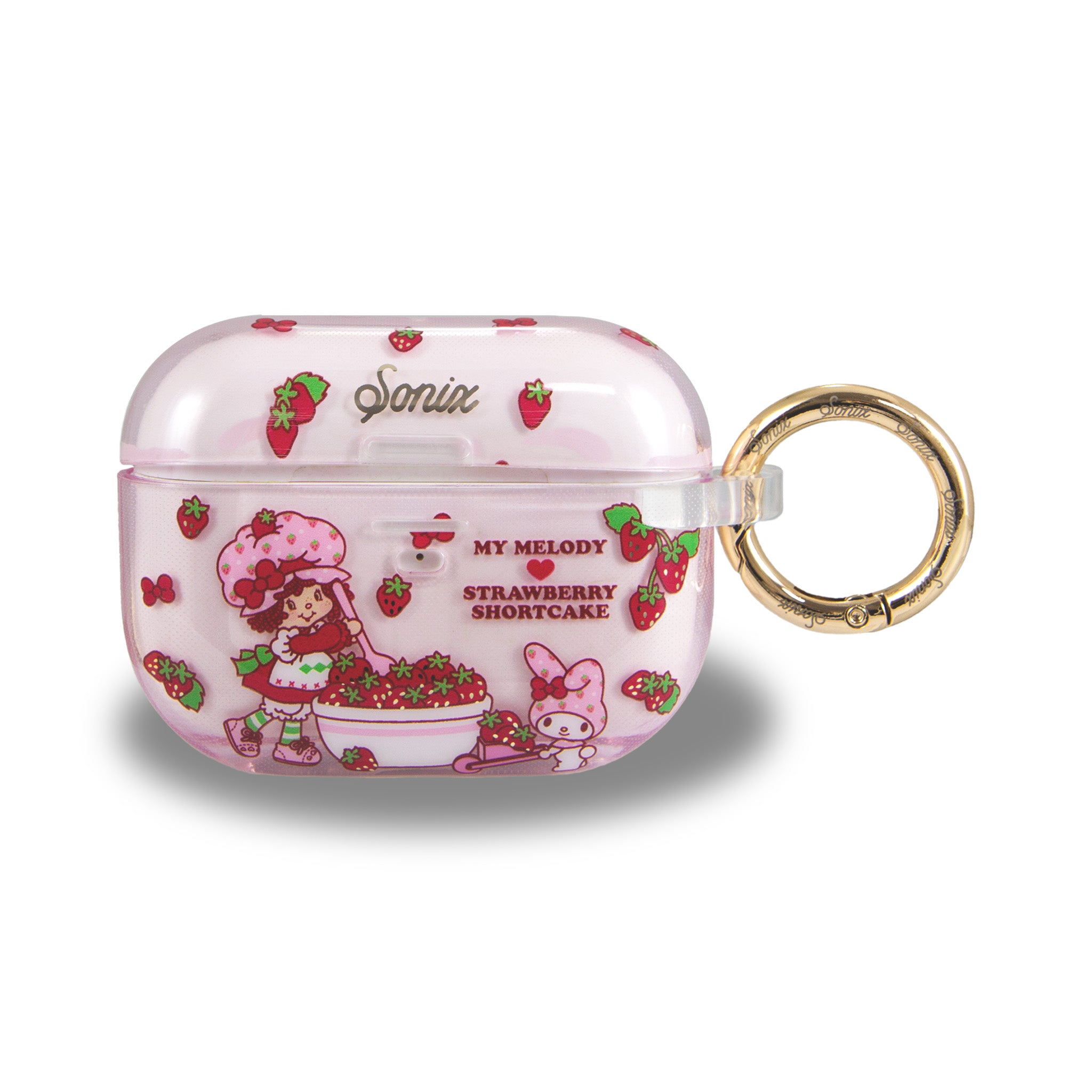 Close-up of My Melody AirPods Pro case with Strawberry Shortcake design.