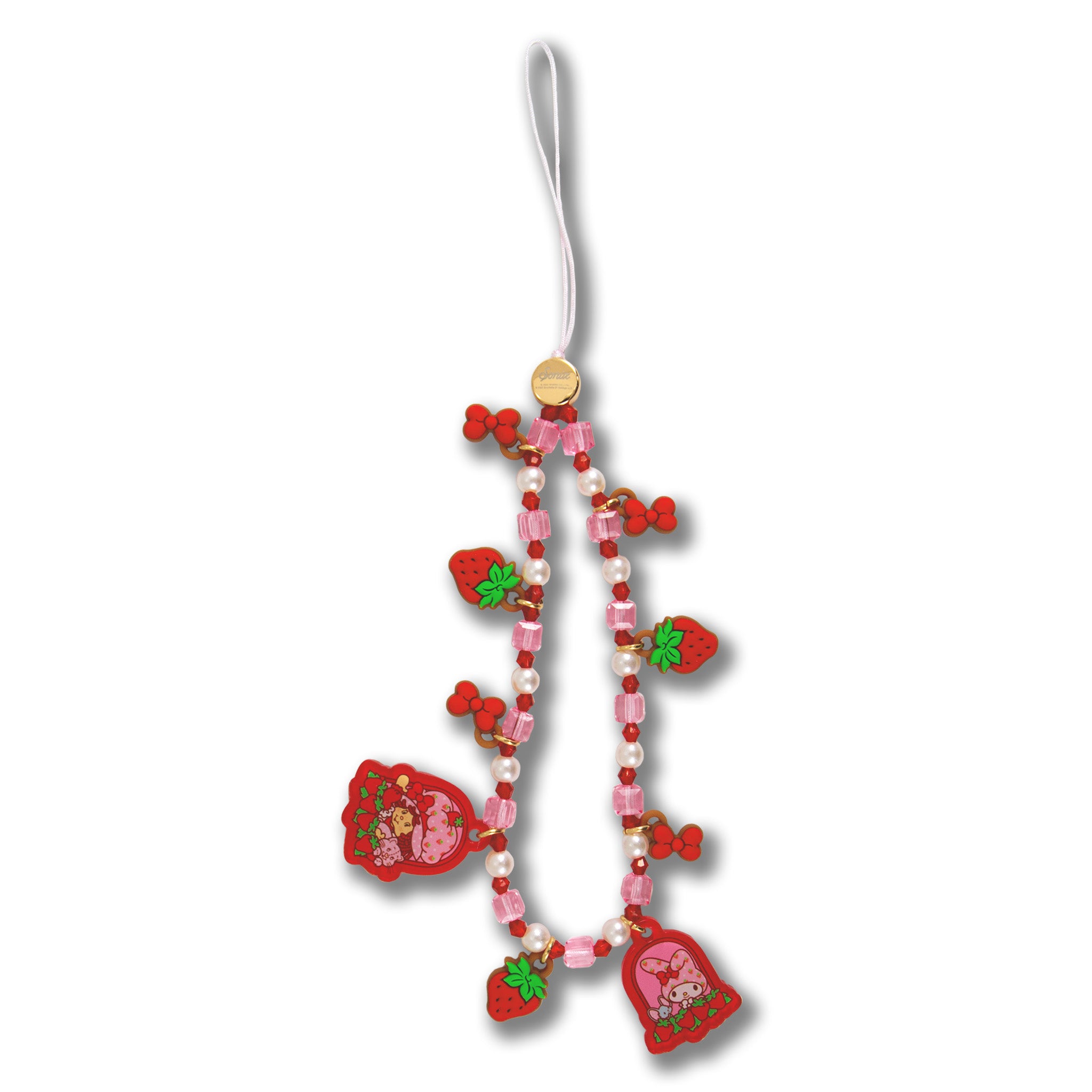 Close-up of beaded phone strap with My Melody charm attached to clear case