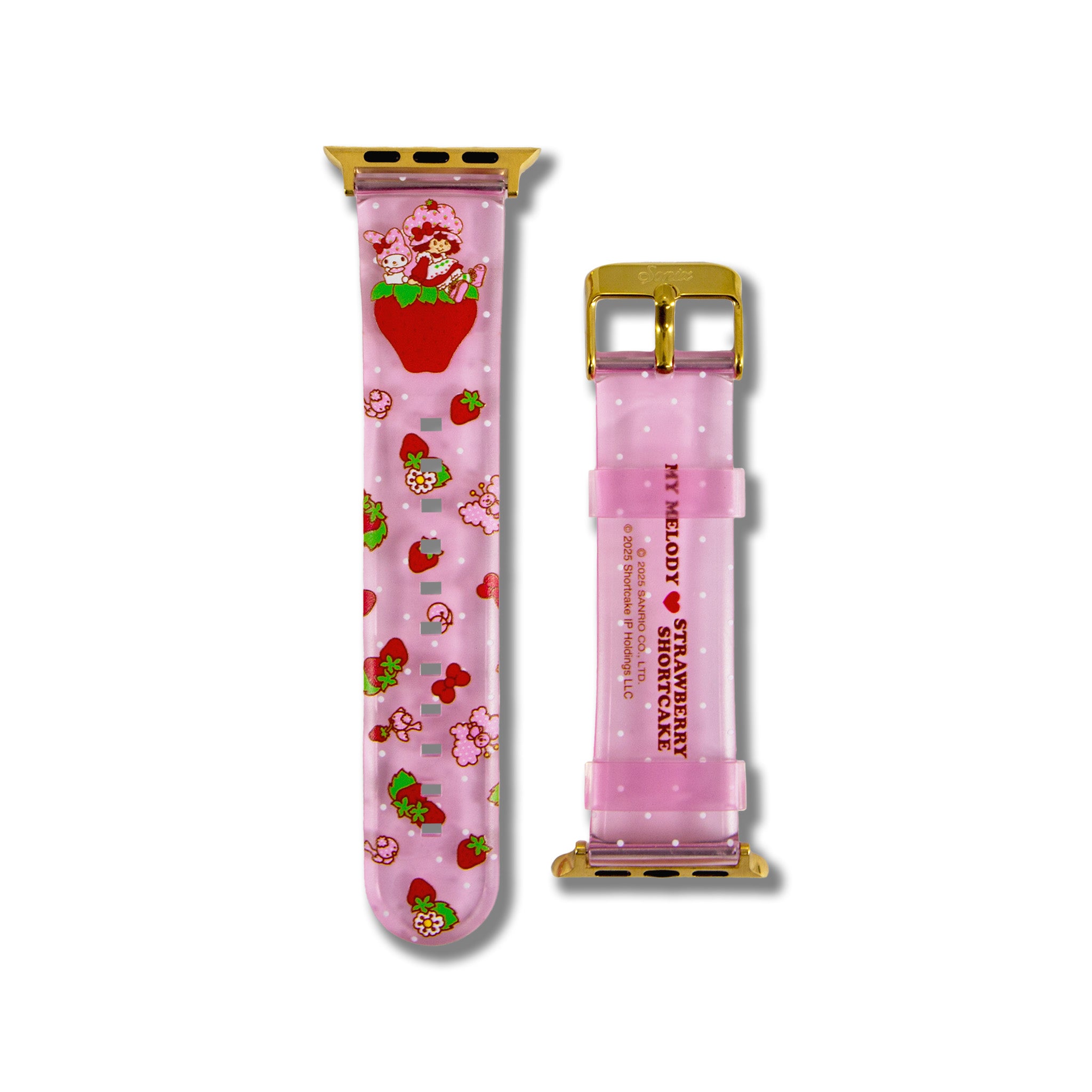My Melody x Strawberry Shortcake jelly Apple Watch band in pink and white polka dots, featuring a gold-plated steel buckle