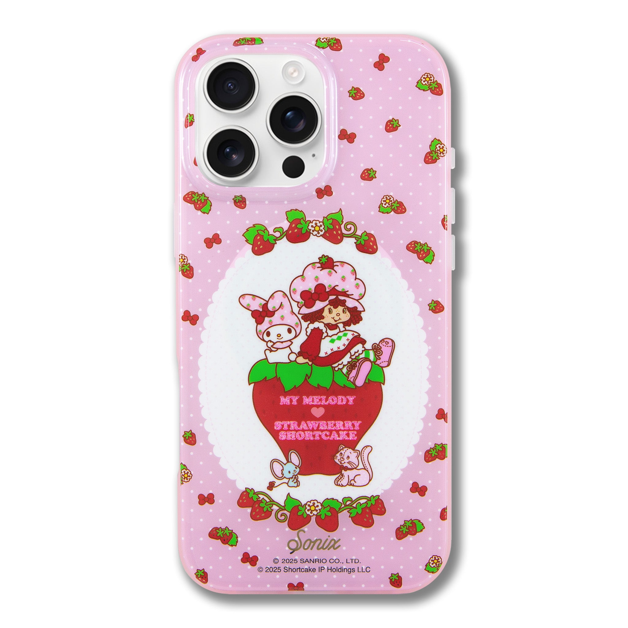 My Melody x Strawberry Shortcake iPhone case with MagSafe, showcasing the cute design and antimicrobial features.