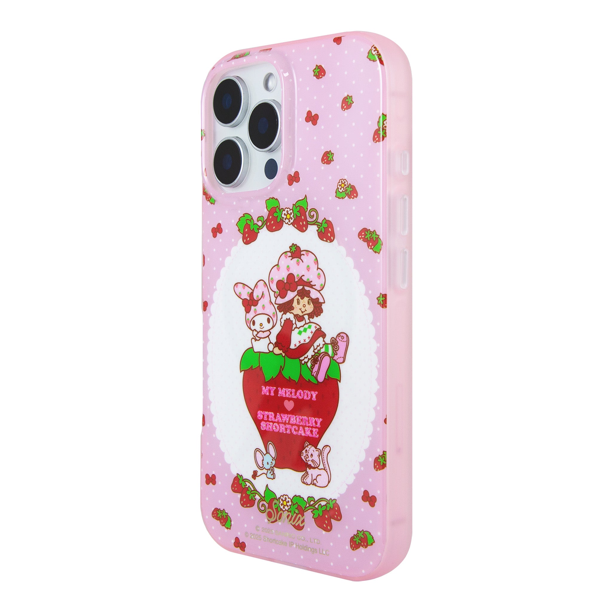My Melody x Strawberry Shortcake iPhone case with MagSafe, showcasing the cute design and antimicrobial features.