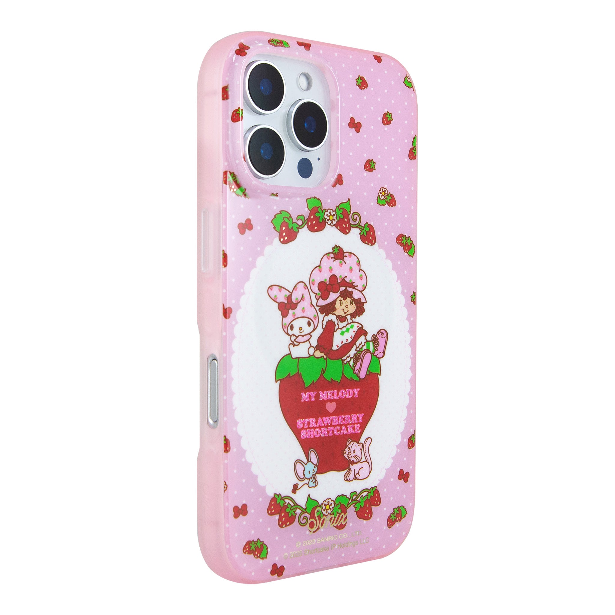 Back view of the My Melody iPhone case, highlighting the polka dot pattern and berry pink bumper.