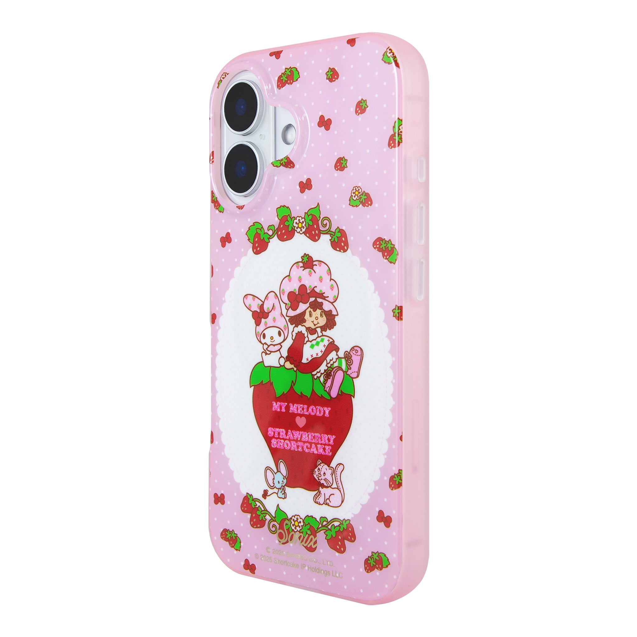 Back view of the My Melody iPhone case, highlighting the polka dot pattern and berry pink bumper.