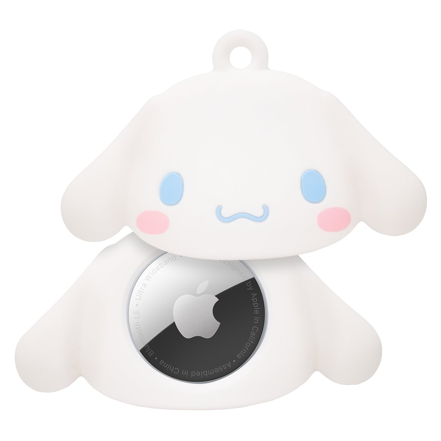 Cute Kuromi AirTag cover with keychain clip on a pet collar