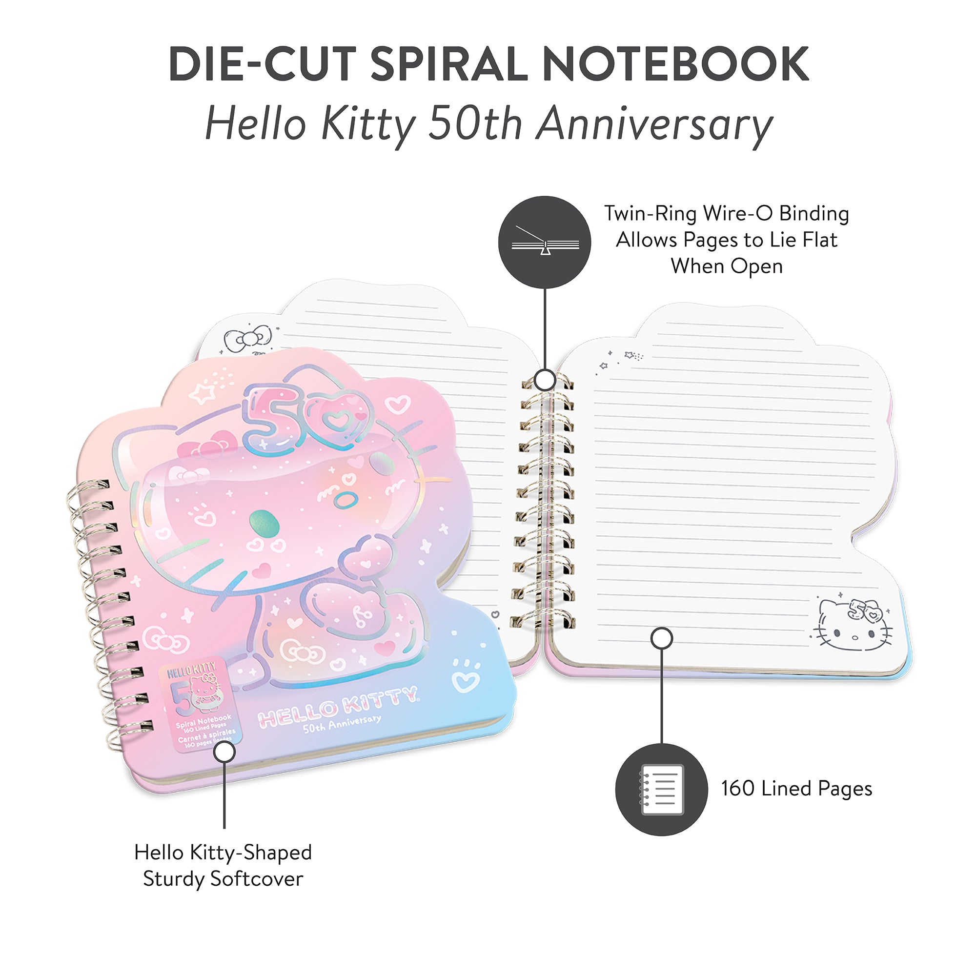 Close-up of Hello Kitty die-cut notebook cover, showcasing playful design.