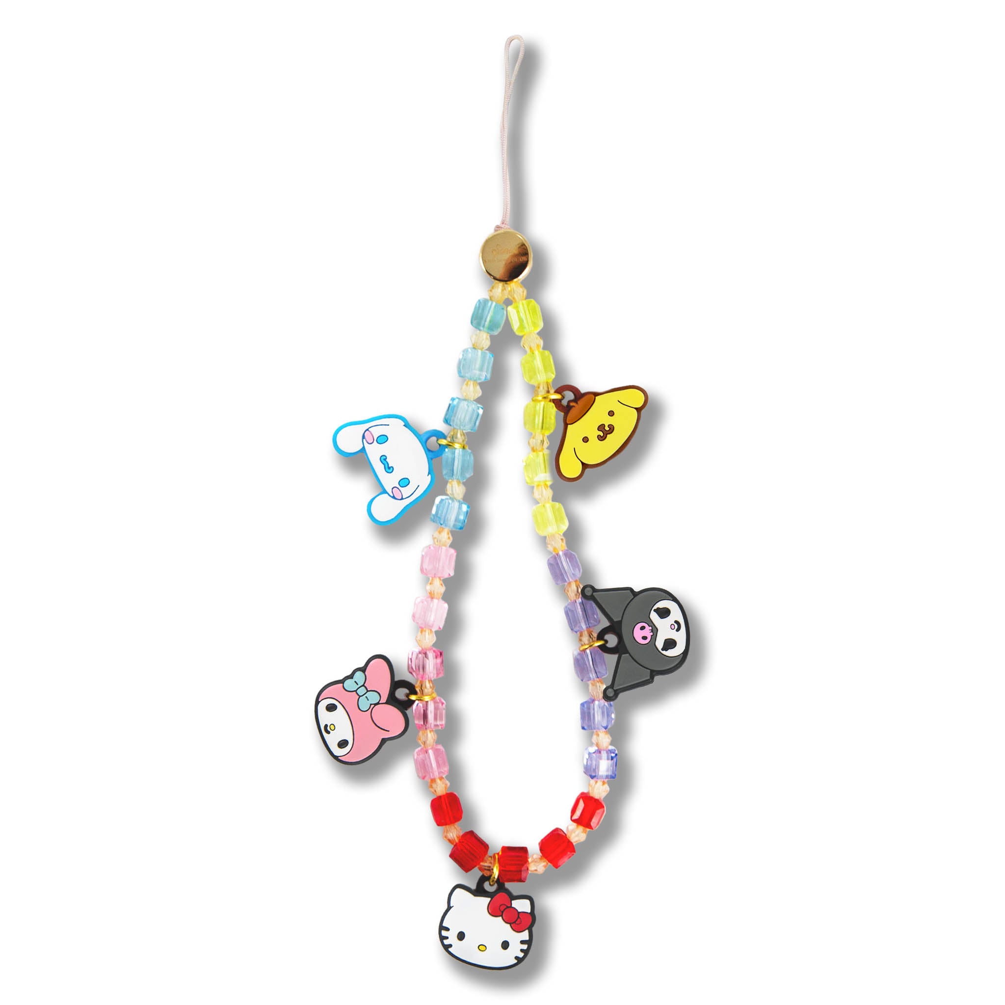 Vibrant beaded phone wristlet with Hello Kitty charms hanging from a smartphone