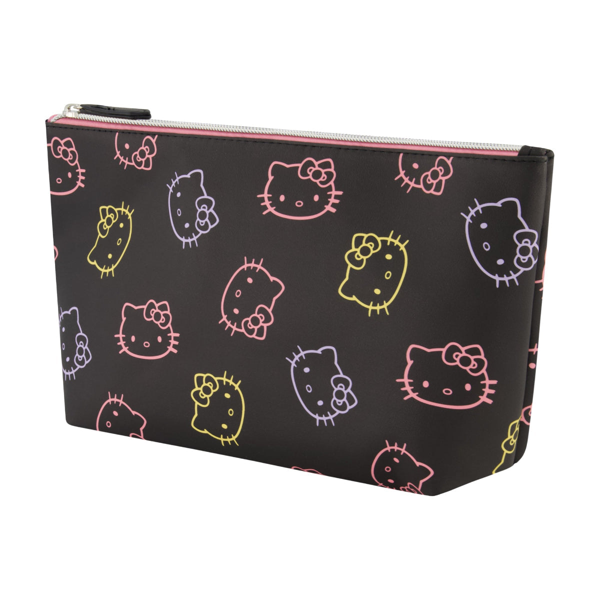 Hello Kitty neon cosmetic bag open, showing spacious interior for makeup storage