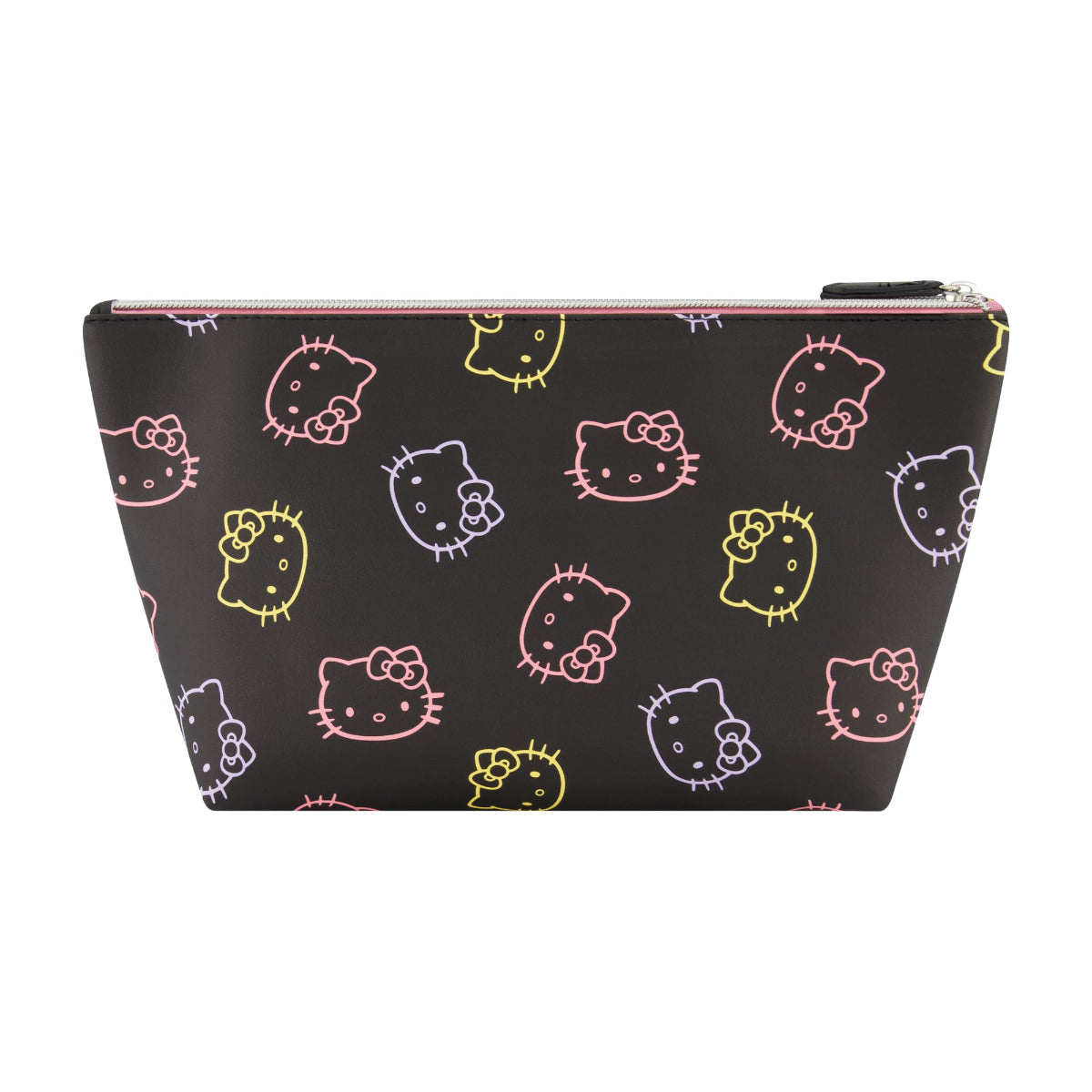 Close-up of the vibrant neon print and silver zipper on the beauty bag