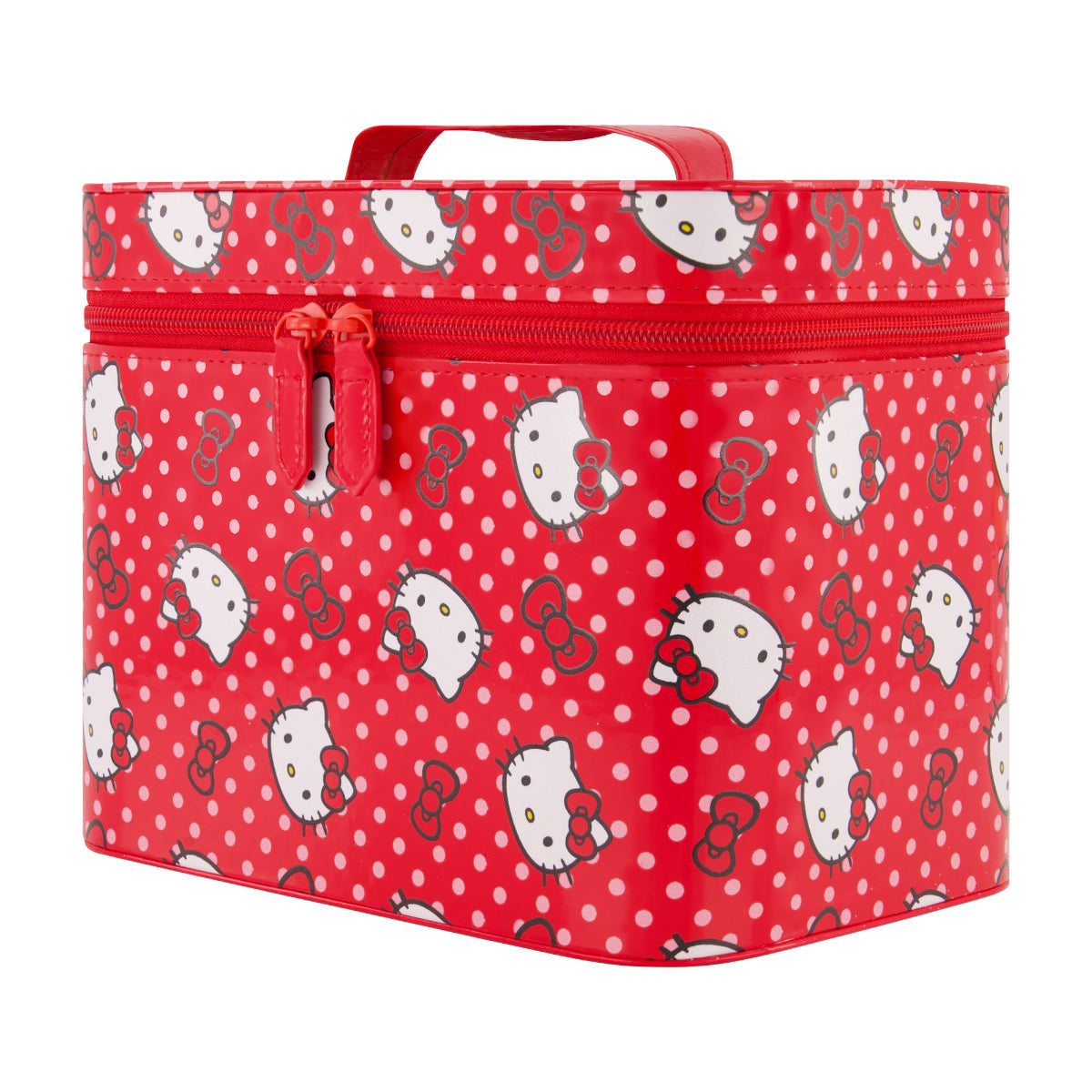 Aerial view of Hello Kitty travel accessories case showing red polka print and double zipper