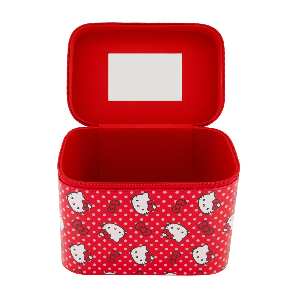 Interior of cosmetic case featuring built-in mirror and roomy compartments for daily use
