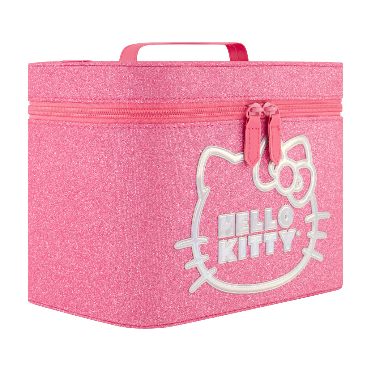 Side view of Hello Kitty cosmetic case showing double zipper and size
