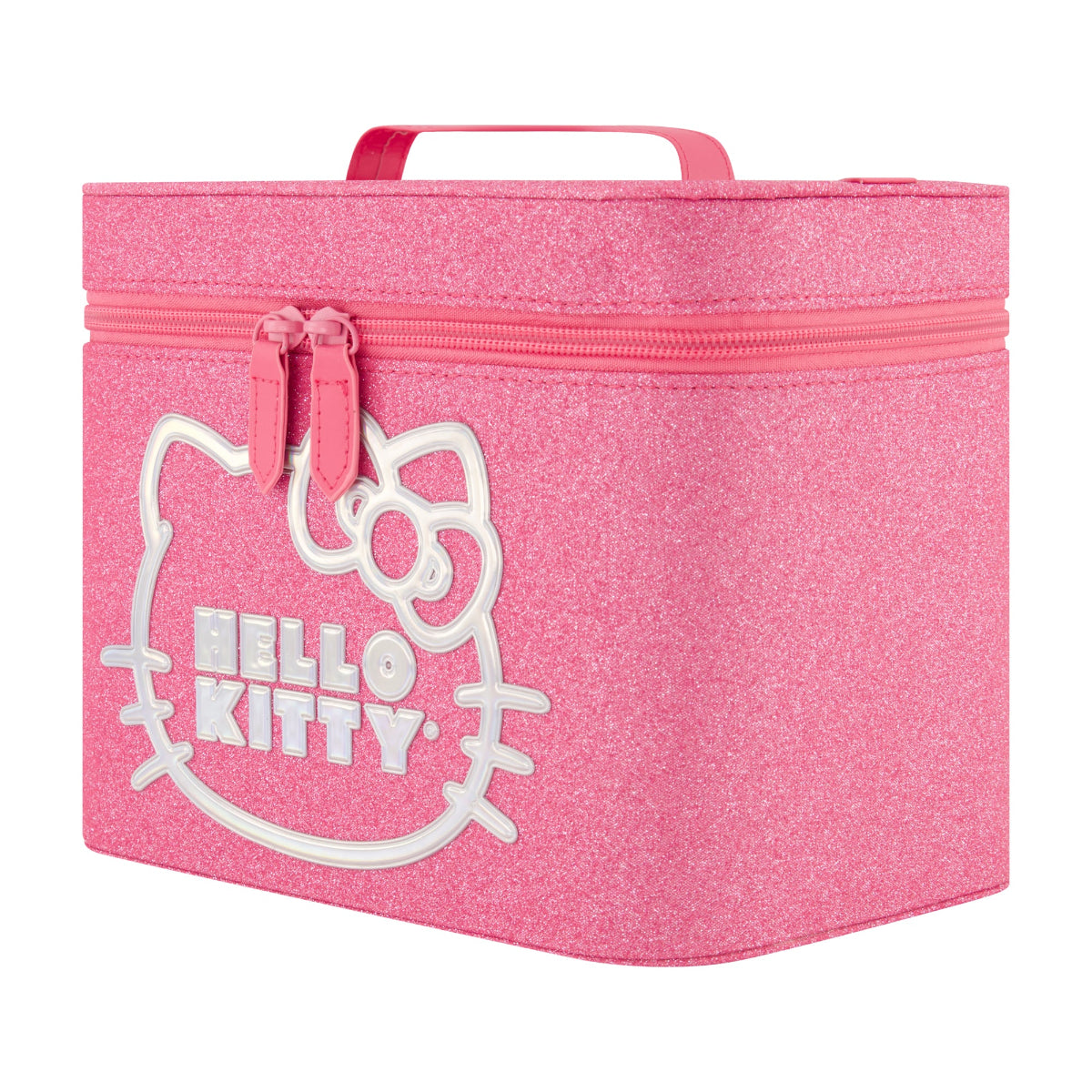 Hello Kitty travel makeup bag displayed open with mirror and zipper details