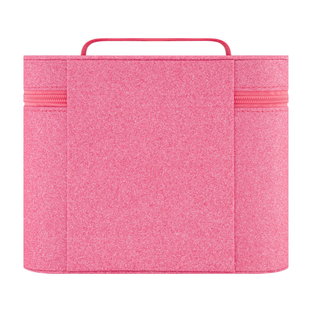 Pink cosmetic case held by handle, glittery texture visible