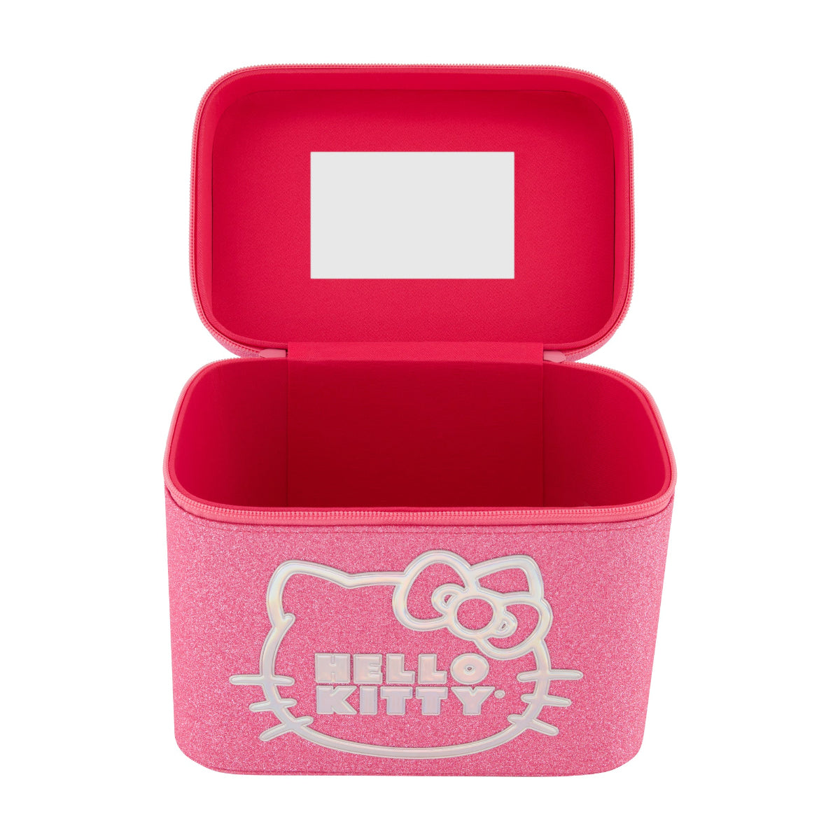 Pink cosmetic case held by handle, glittery texture visible