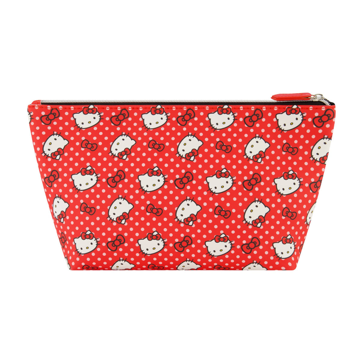 Hello Kitty cosmetic bag open, showing interior space for makeup storage