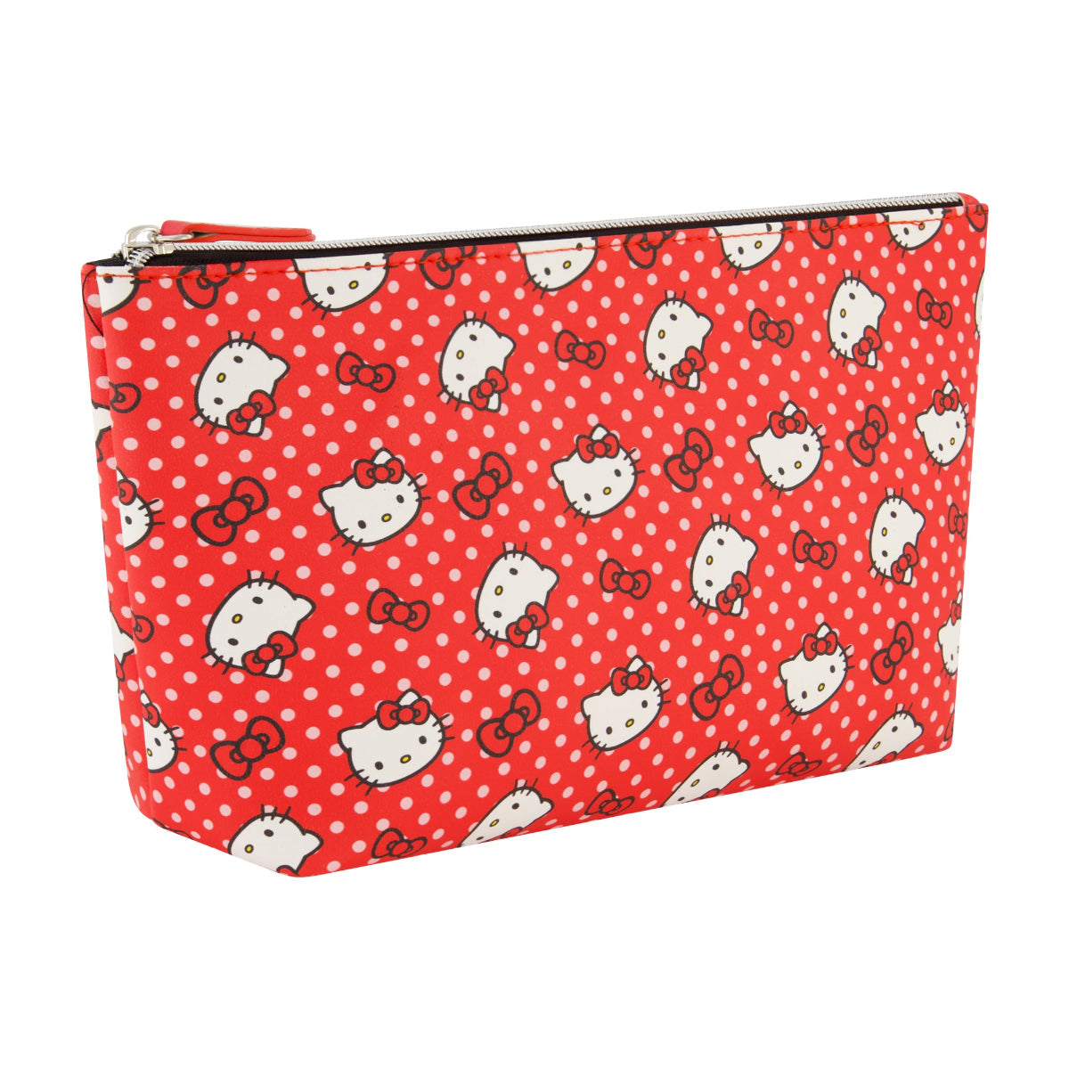 Hello Kitty cosmetic bag with red polka dot design, front view