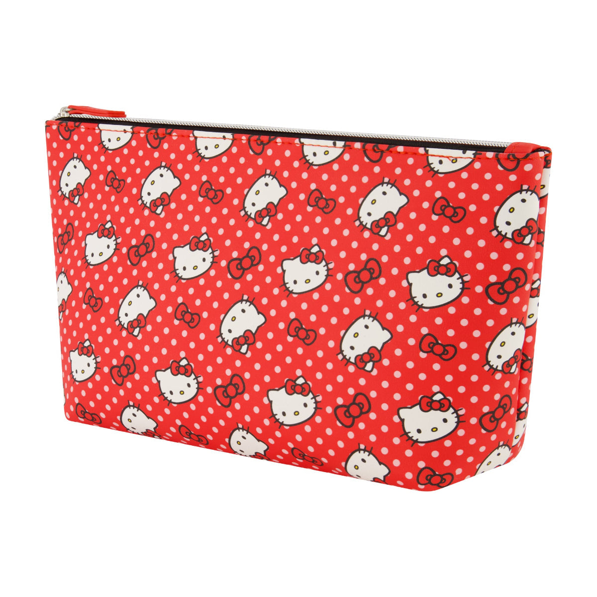 Hello Kitty makeup bag with all-over print, open to show interior