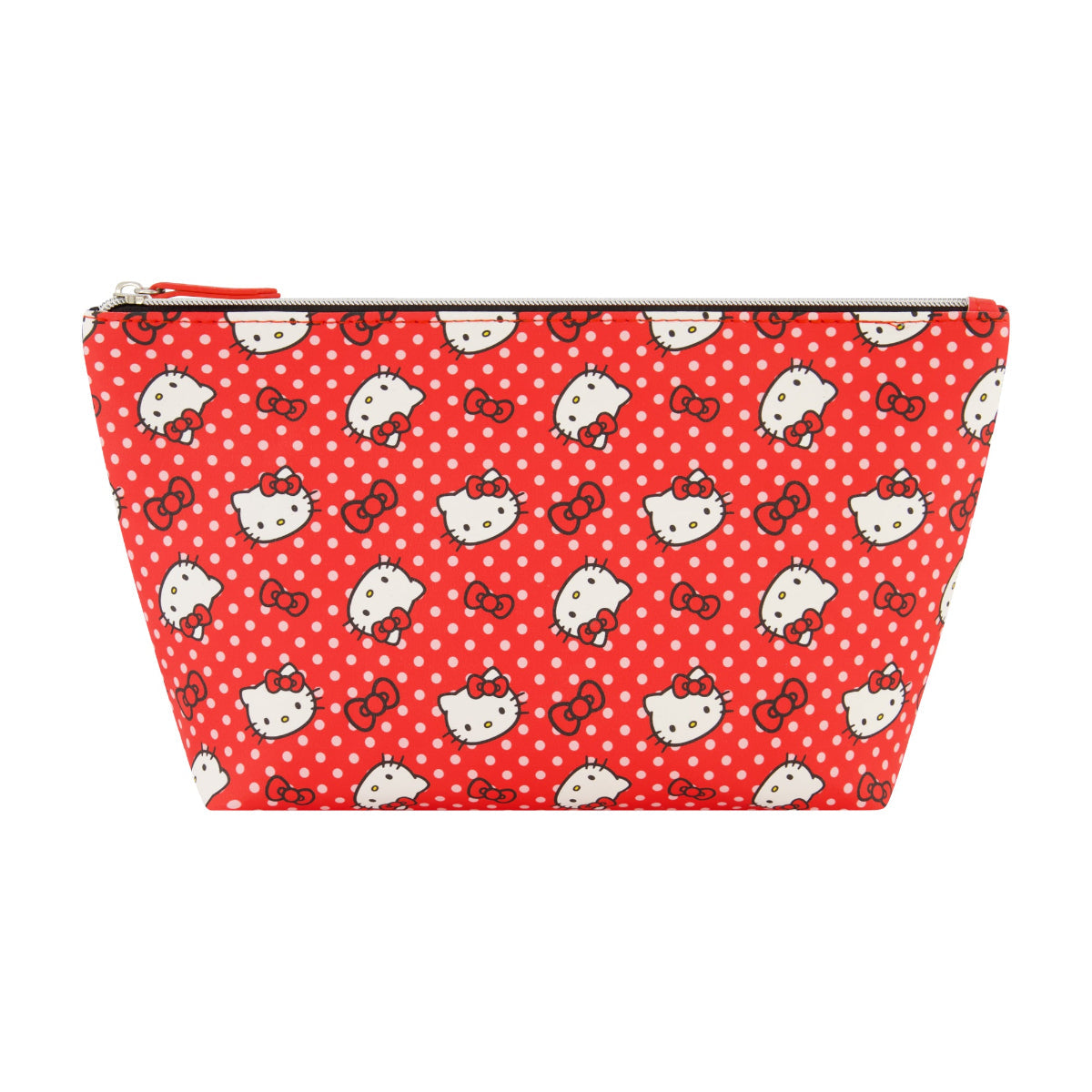 Hello Kitty red polka dot cosmetic bag, closed with silver hardware