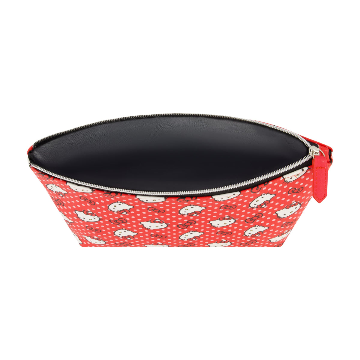 Hello Kitty makeup bag with all-over print, open to show interior