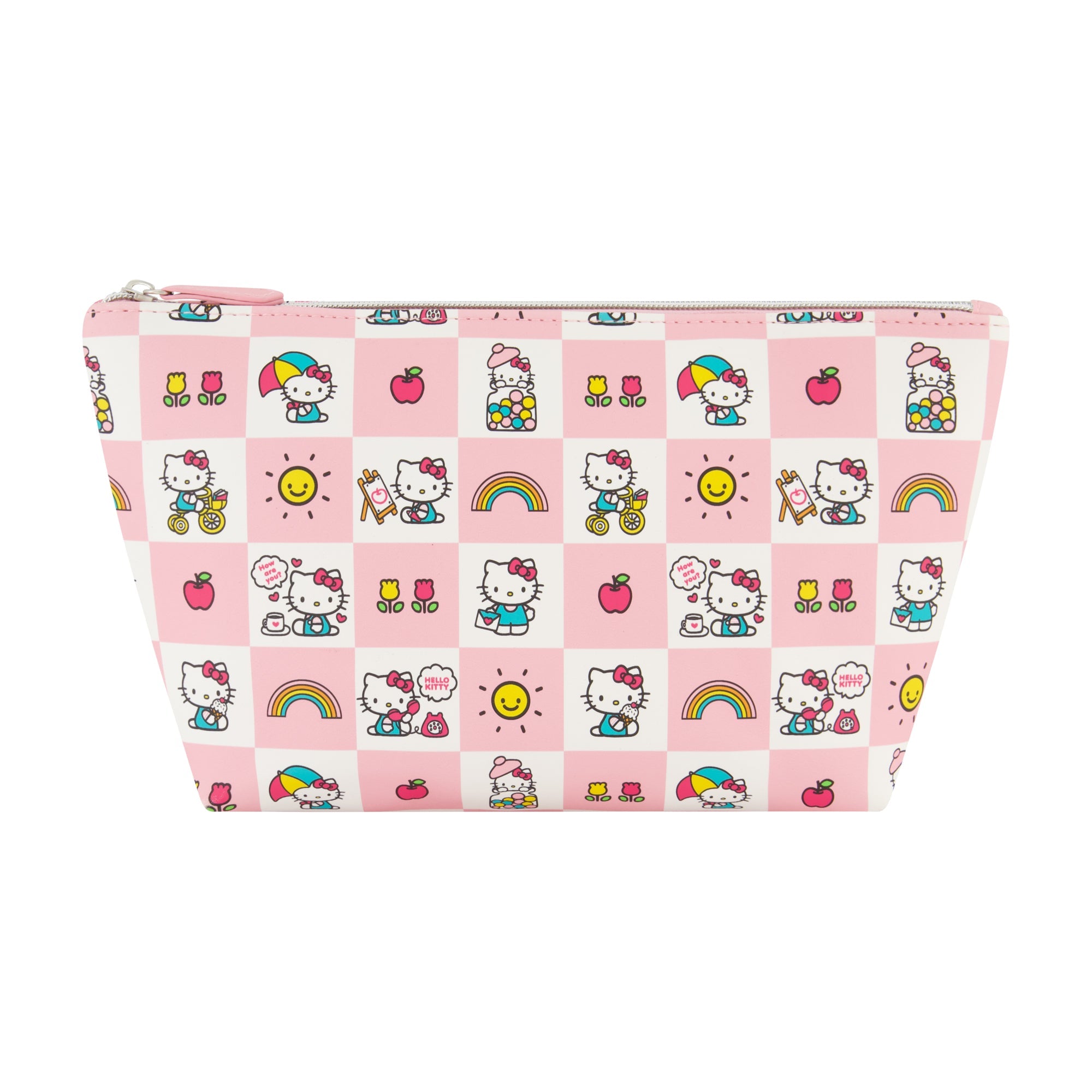 Close-up of Hello Kitty makeup bag showcasing its pastel pink design.