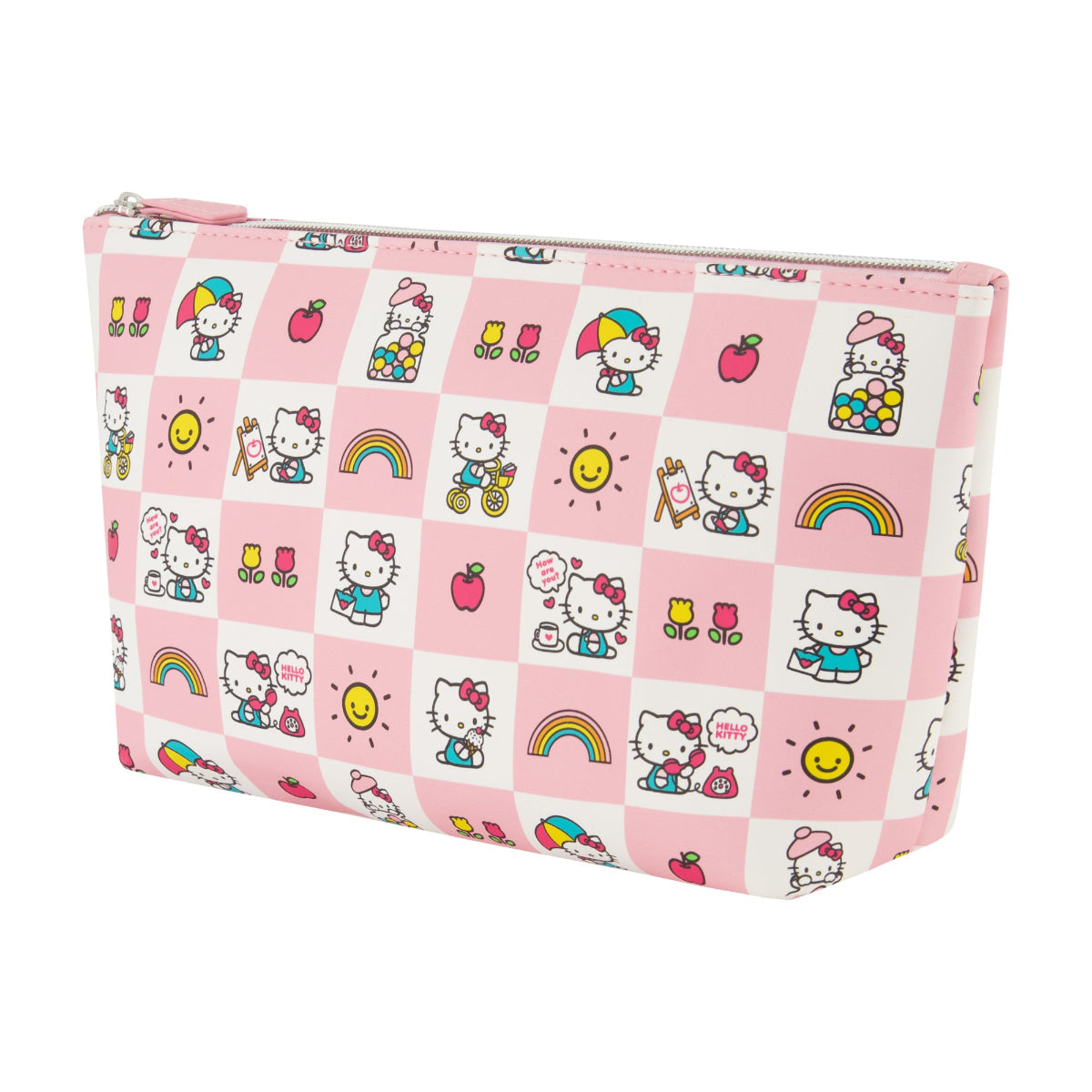 Hello Kitty cosmetic bag in pastel pink, open view, revealing the spacious interior and silver hardware.
