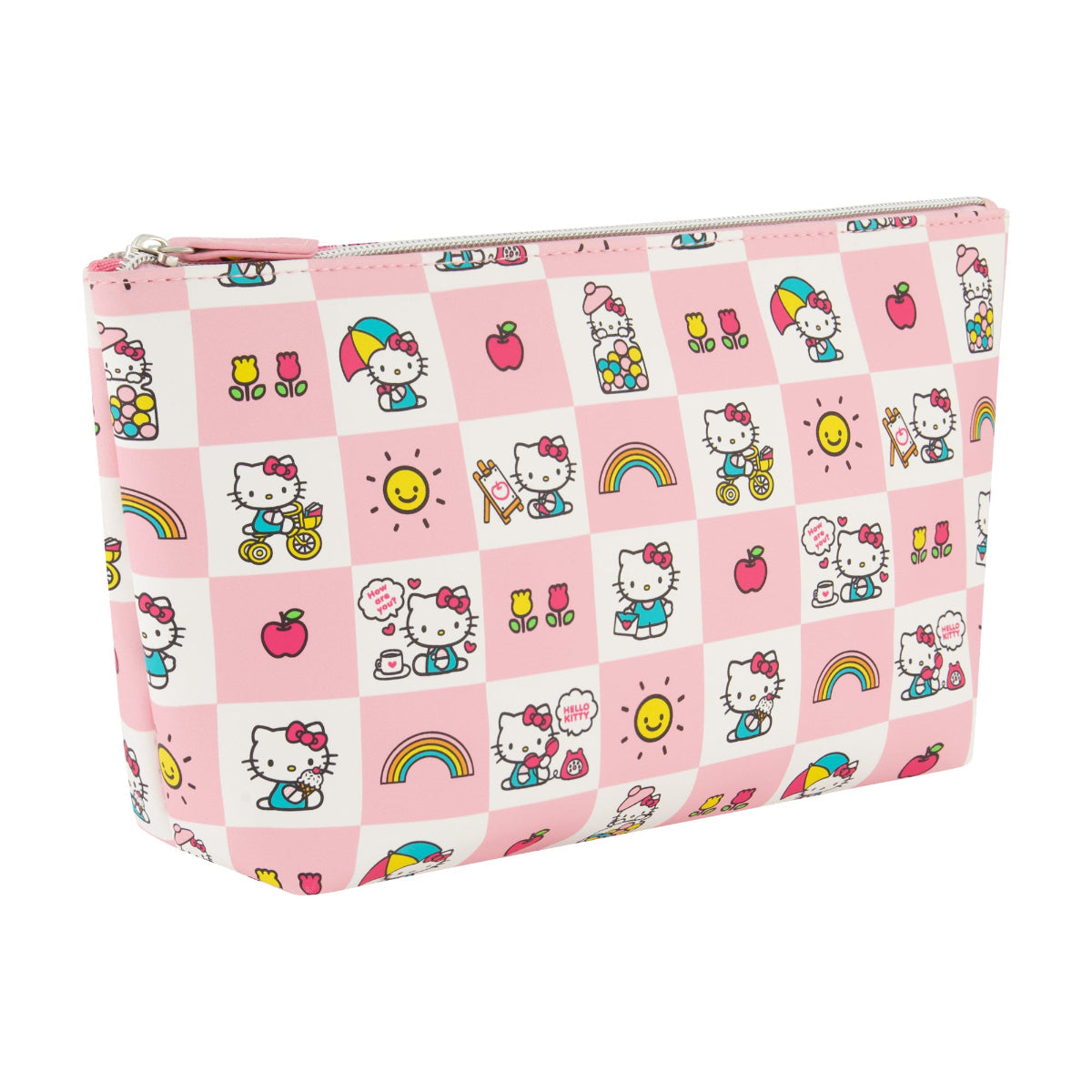 Hello Kitty cosmetic bag in pastel pink, front view, showcasing the cute illustrations and checkered print.