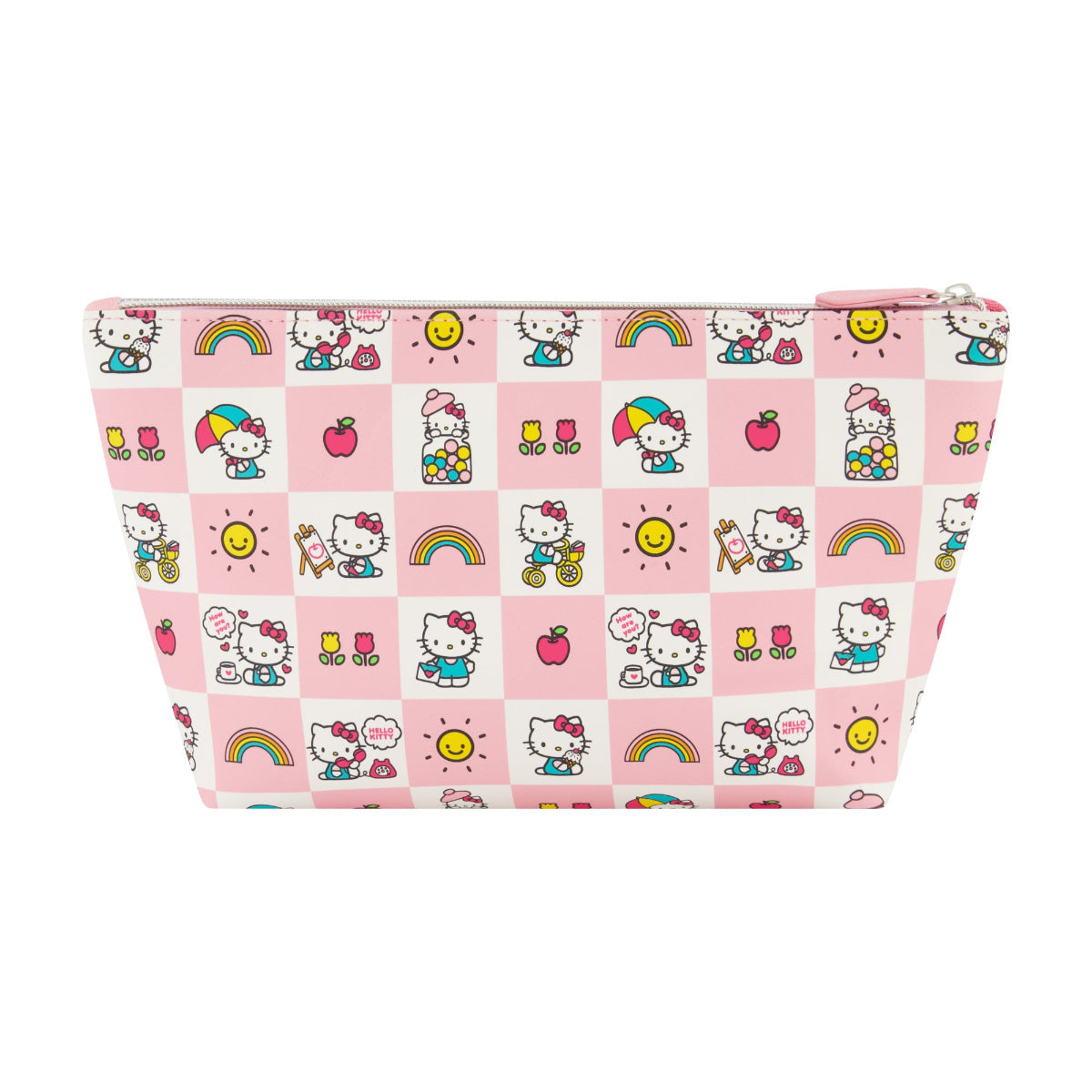 Hello Kitty cosmetic bag in pastel pink, side view, highlighting the compact design and poly material.