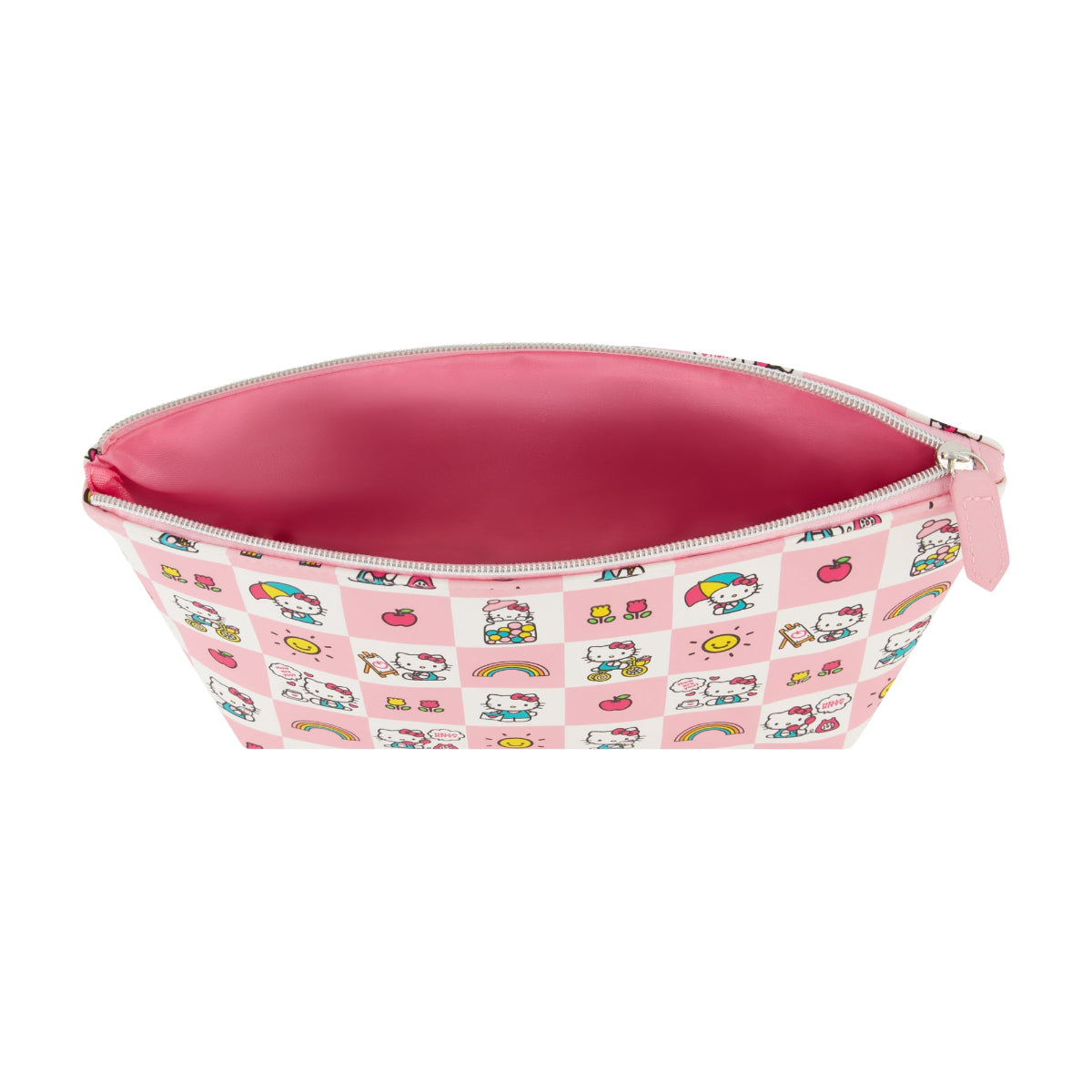 Hello Kitty cosmetic bag in pastel pink, open view, revealing the spacious interior and silver hardware.