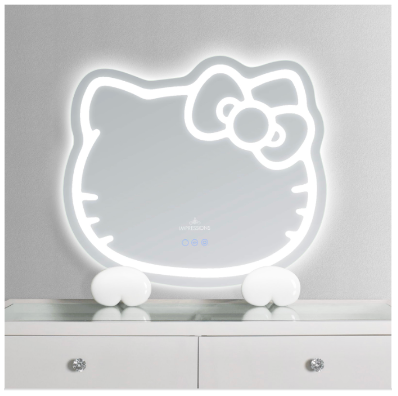 Hello Kitty RGB Wall Mirror 2.0 with Bluetooth speakers on a vanity table