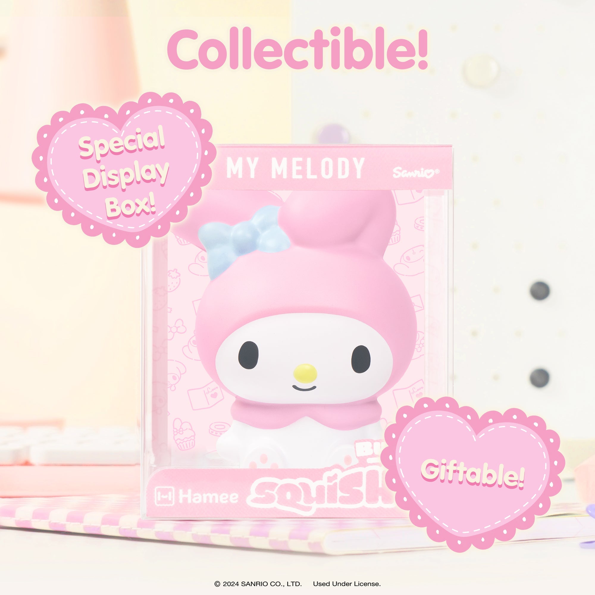 My Melody SquiSHU Buddy Series 002 displayed with other collectible squishies