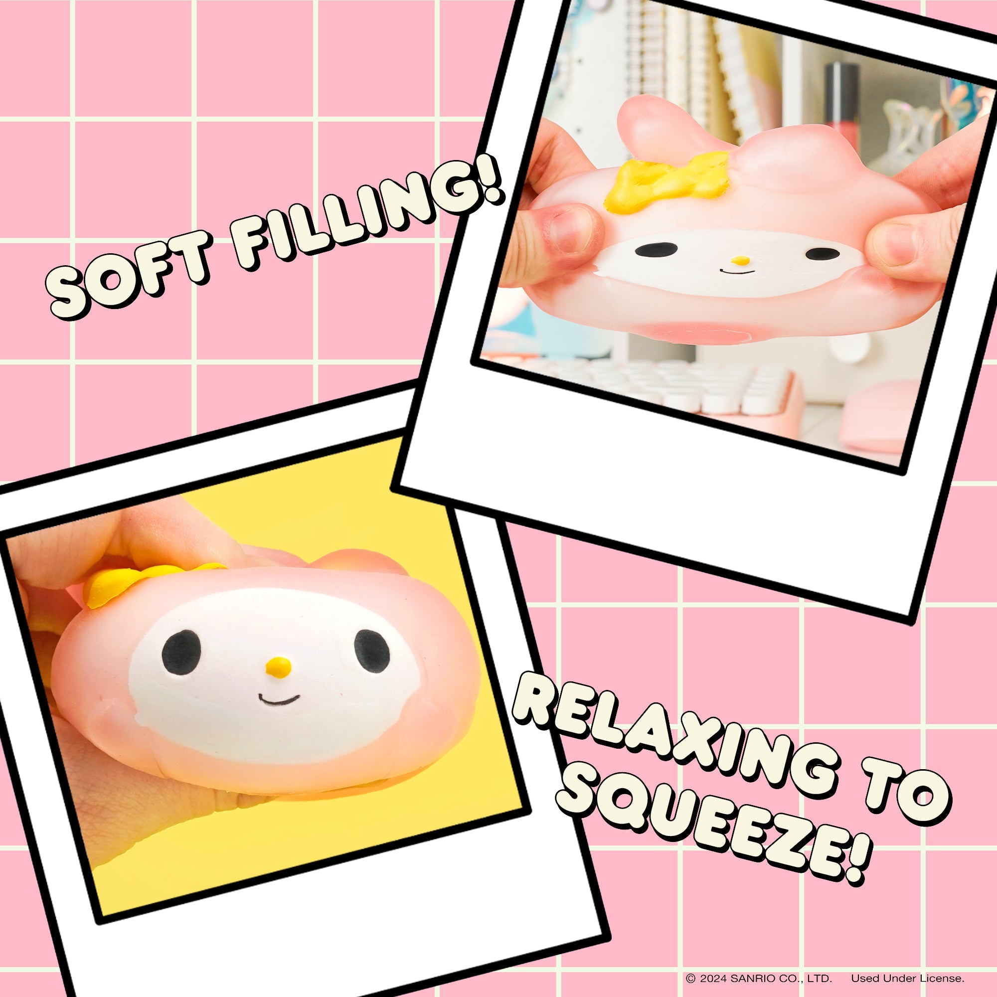 Hello Kitty Mochi Squishy Toy being squeezed
