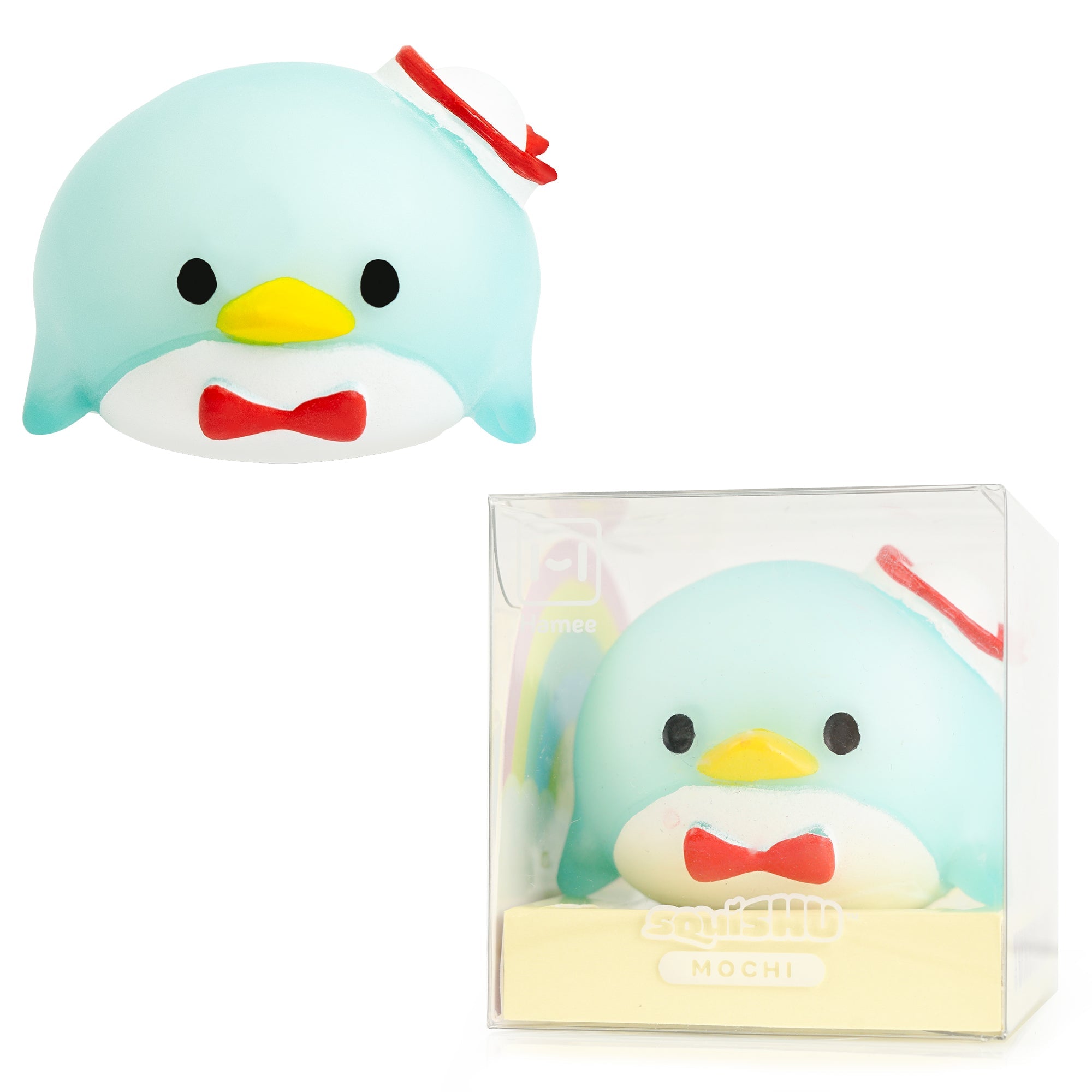 Tuxedosam mochi squishy toy being squeezed between fingers, showing its stretchy texture