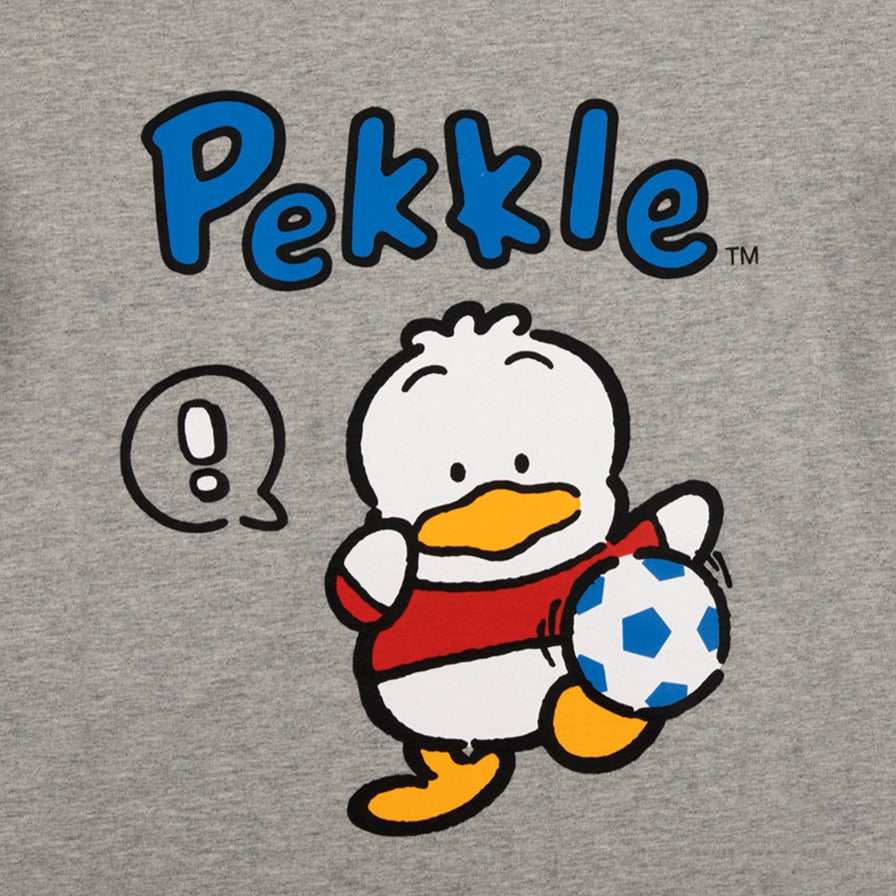 Pekkle Grey Ringer Graphic Tee close-up showing the ribbed crew neck