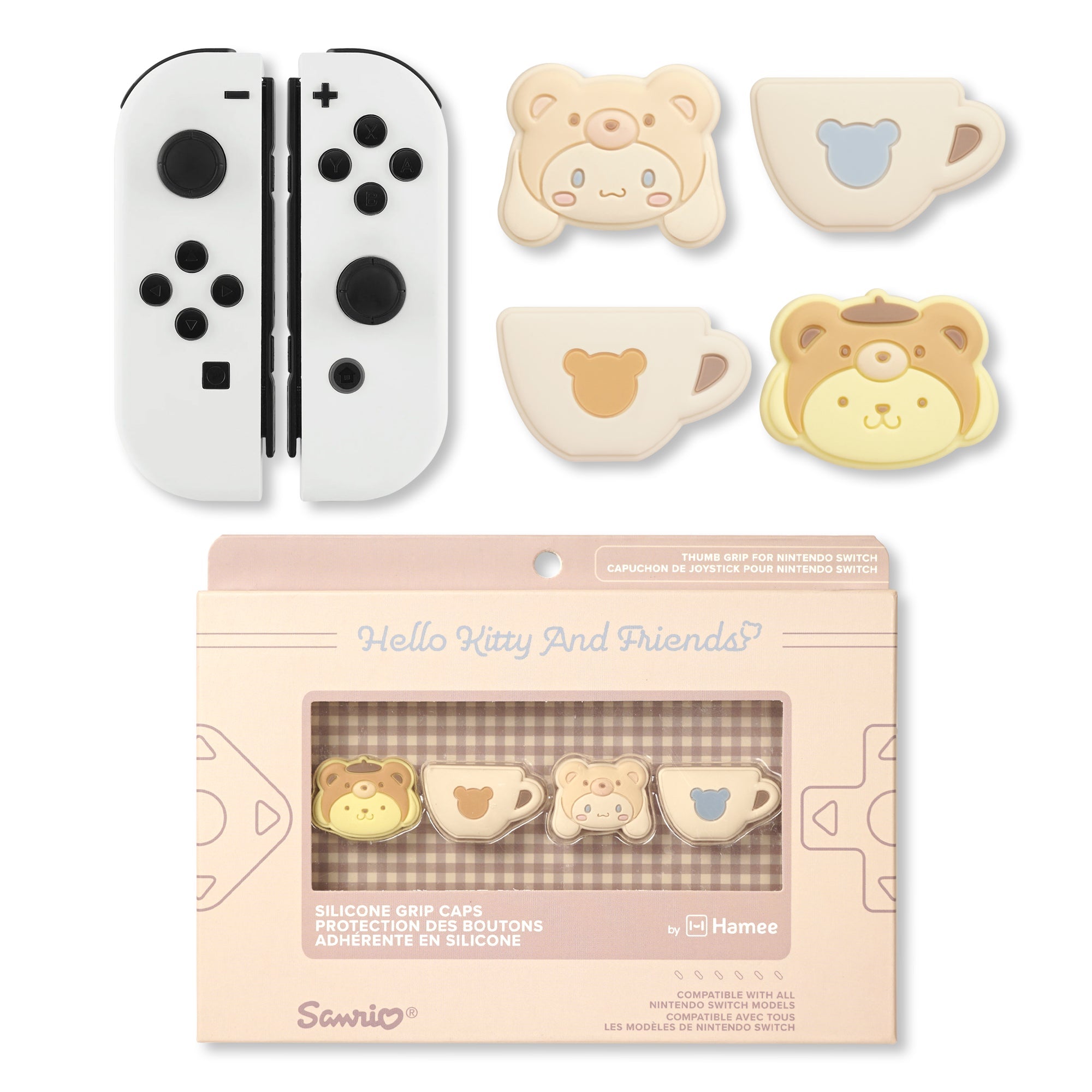 Close-up of Cinnamoroll Nintendo Switch thumb grips on Joycon