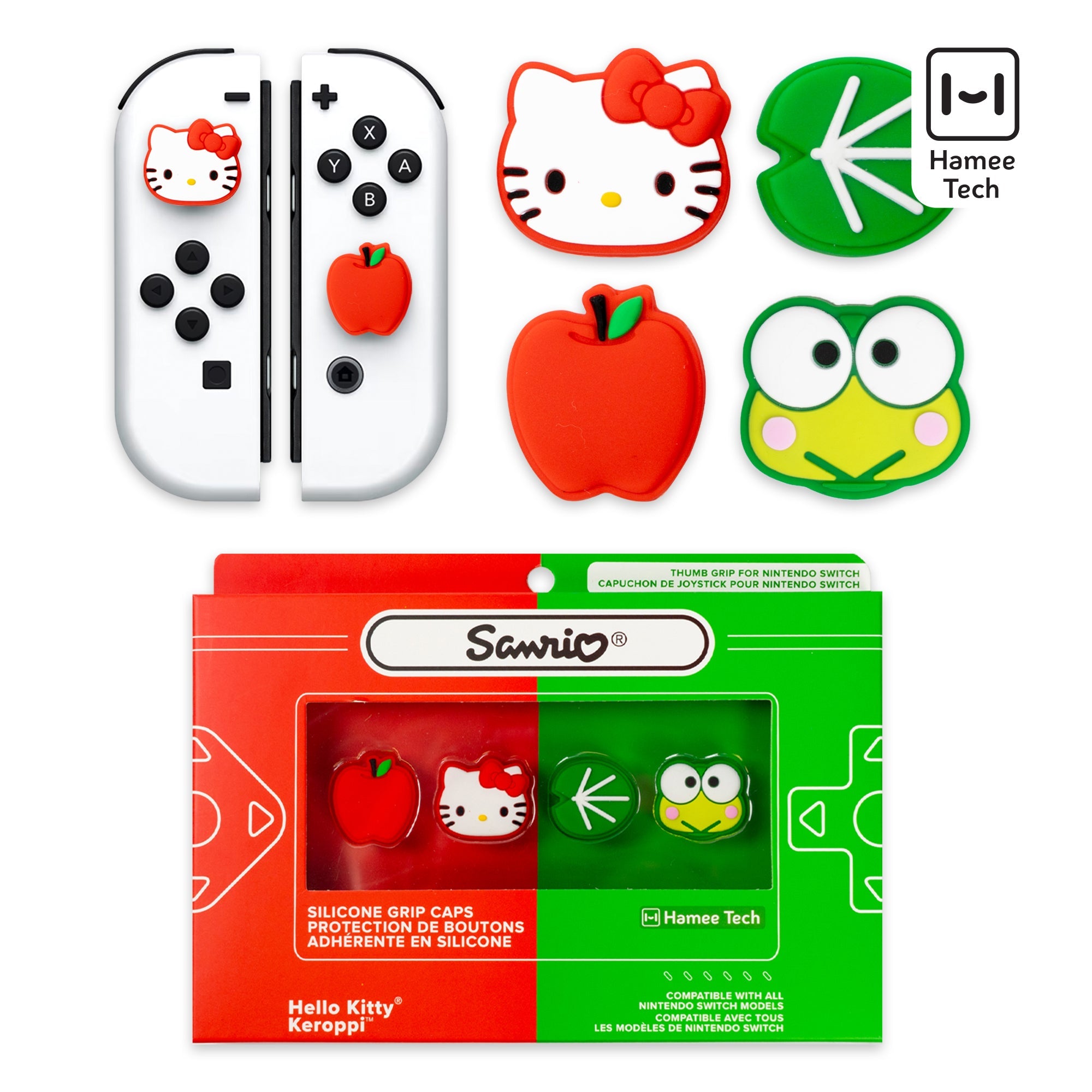 Colorful Hello Kitty and Keroppi Nintendo Switch thumb grip caps on Joycons