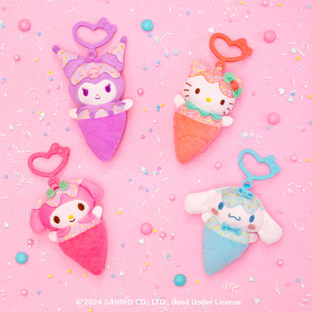 Set of four character keychains featuring ice cream plush mascots and Hello Kitty