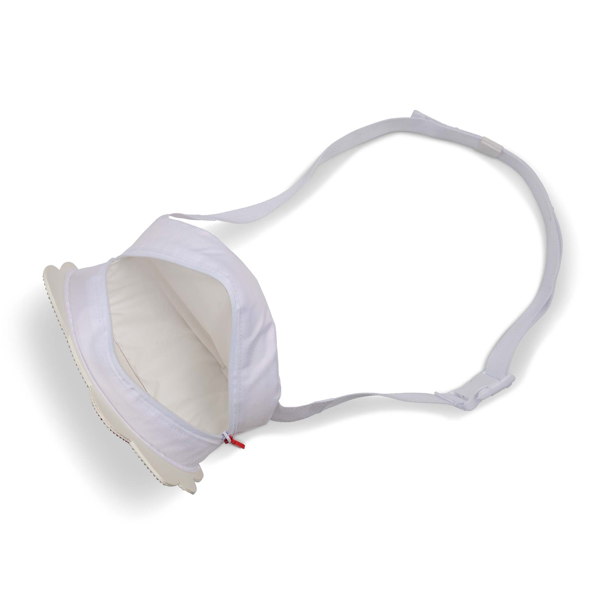 Side view showing adjustable strap and slip pocket