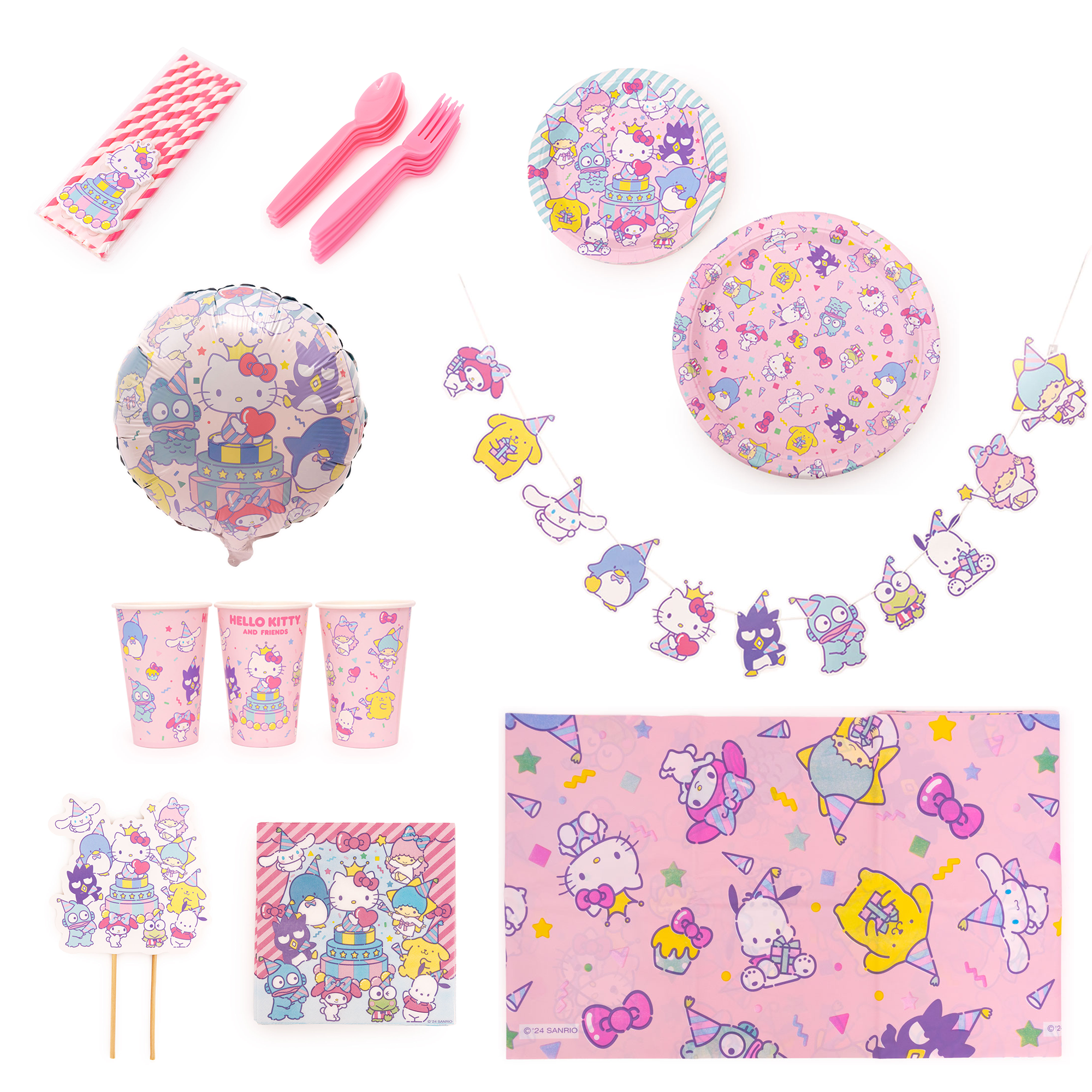 Complete party box showcasing Hello Kitty birthday supplies.