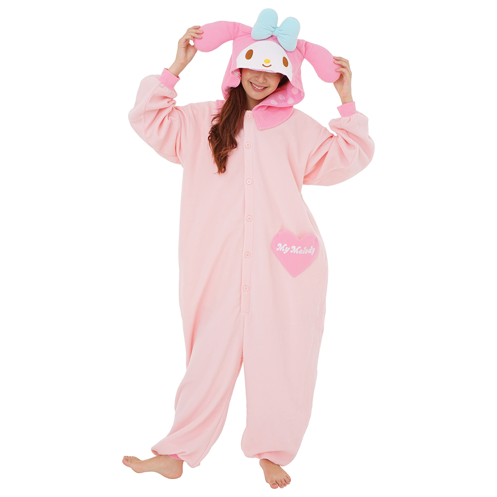 My Melody kigurumi onesie front view, showing the character design and embroidered pocket.