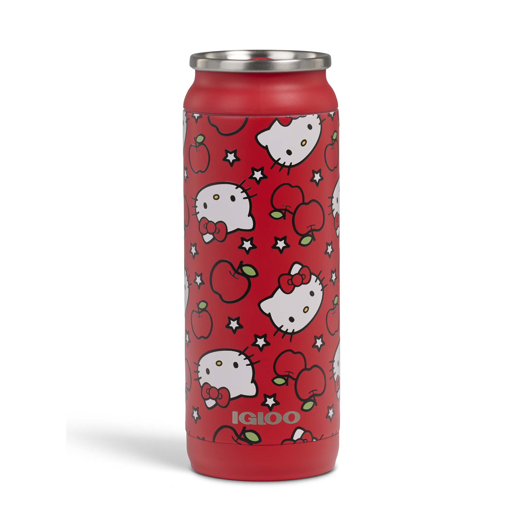 Hello Kitty tumbler held in hand, showing red apple artwork