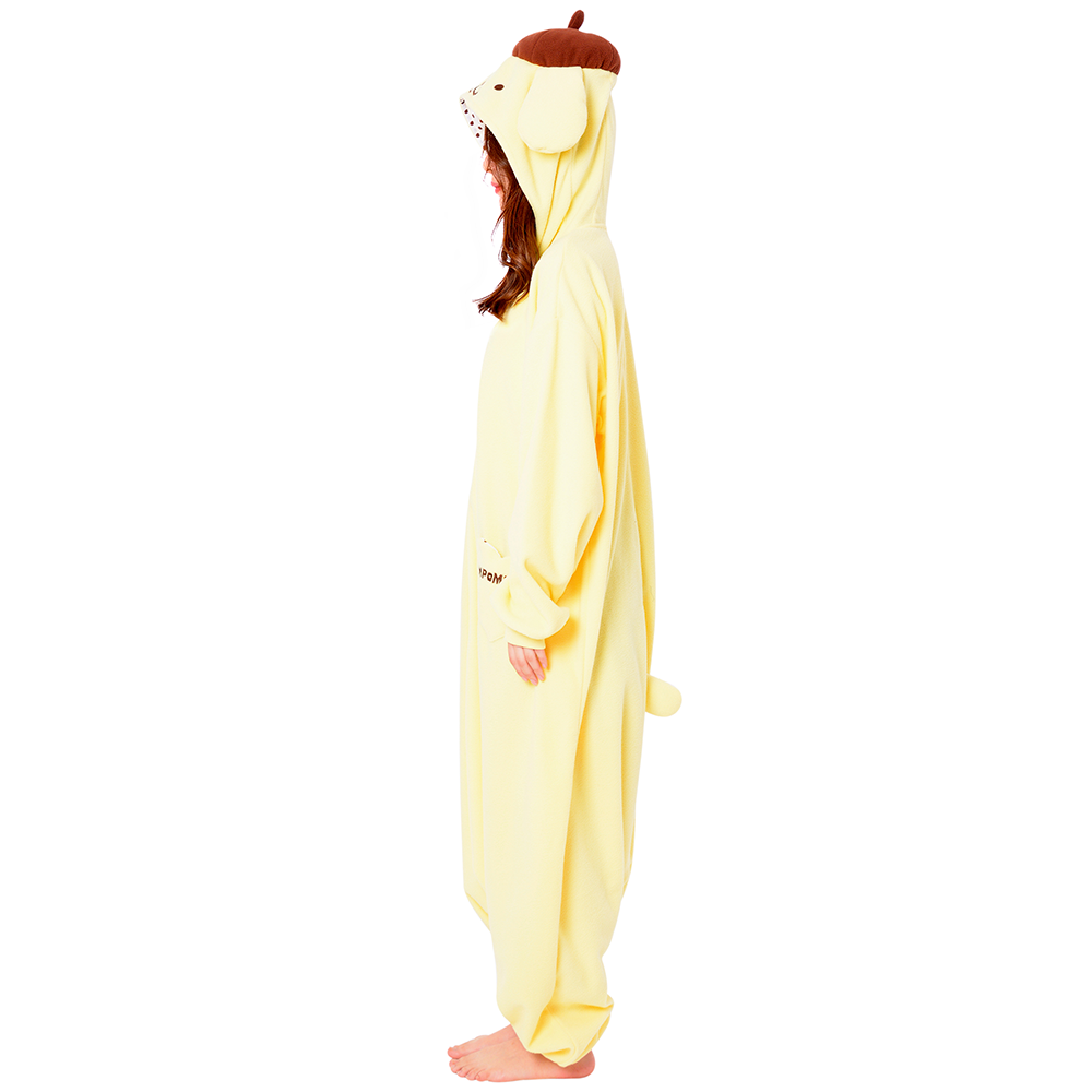 Person wearing the Pompompurin kigurumi onesie, lounging on the couch and enjoying a cozy evening.