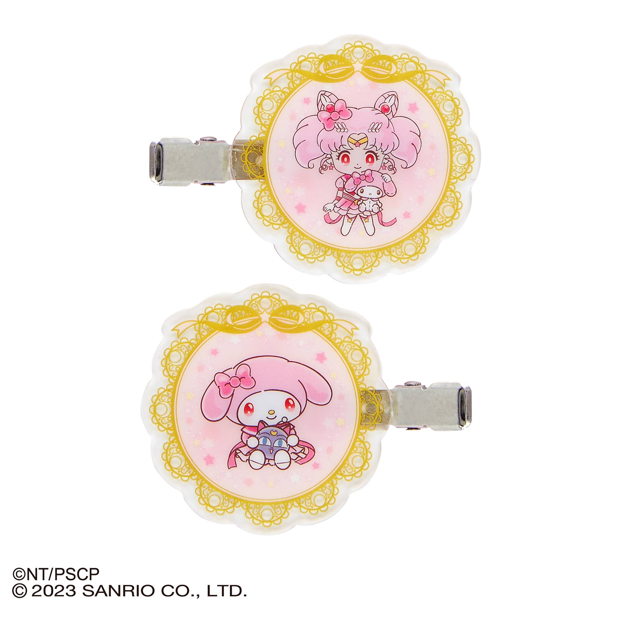 Sailor Moon Cosmos hair clips with Sanrio characters, front view