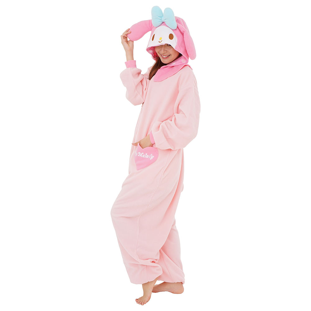 Close-up of My Melody character hood on the kigurumi onesie, showing detailed embroidery and soft fleece material
