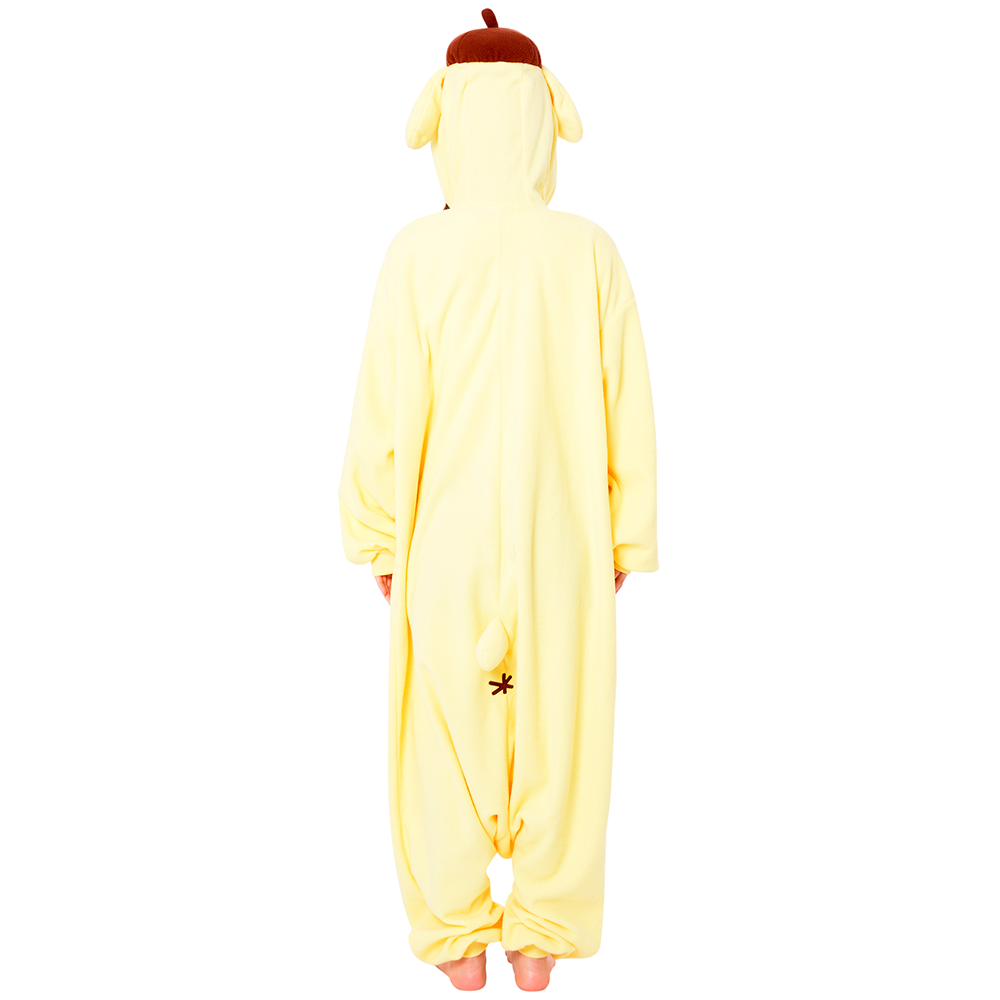 Close-up of the Pompompurin onesie hood, showing the character detailing and embroidered pocket.