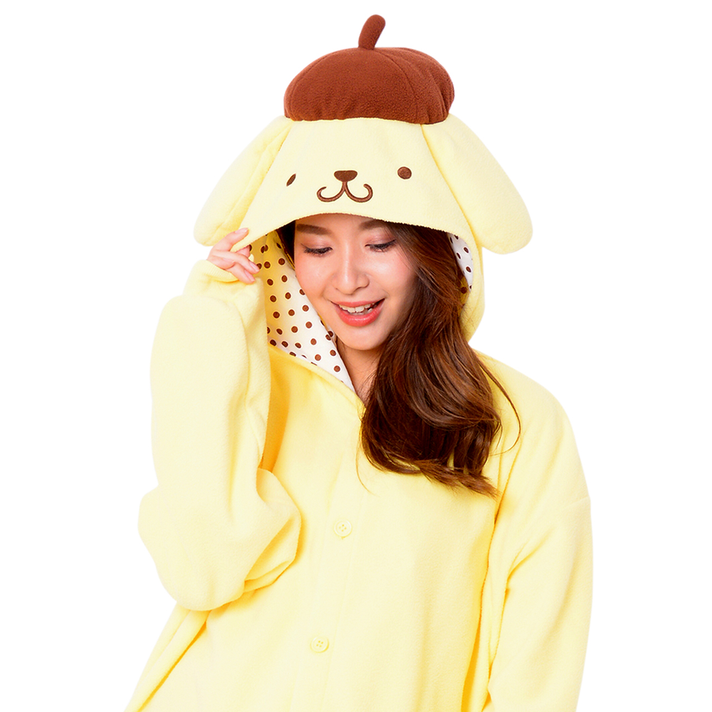 Close-up of the Pompompurin onesie hood, showing the character detailing and embroidered pocket.