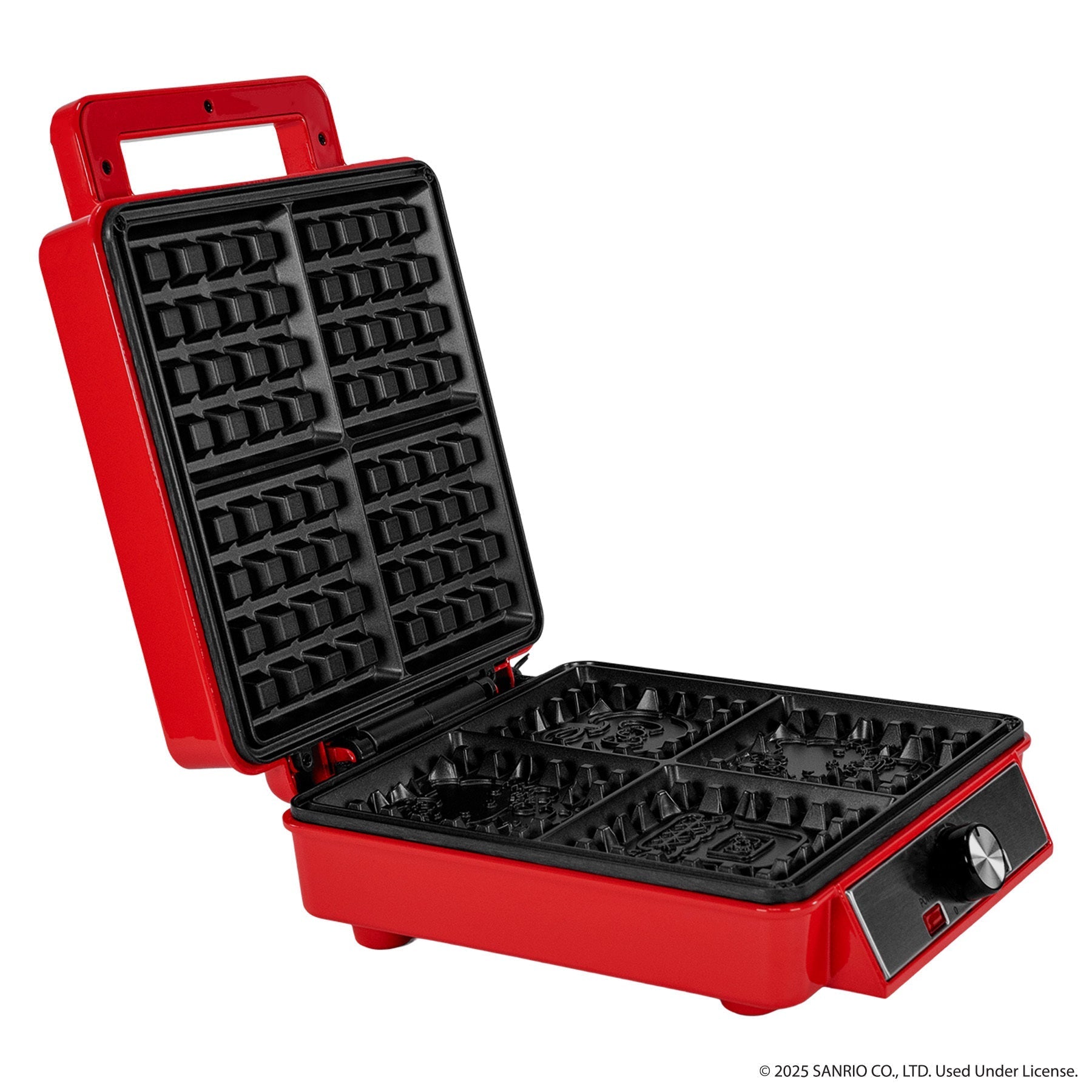 Hello Kitty themed waffle maker with red exterior and character details