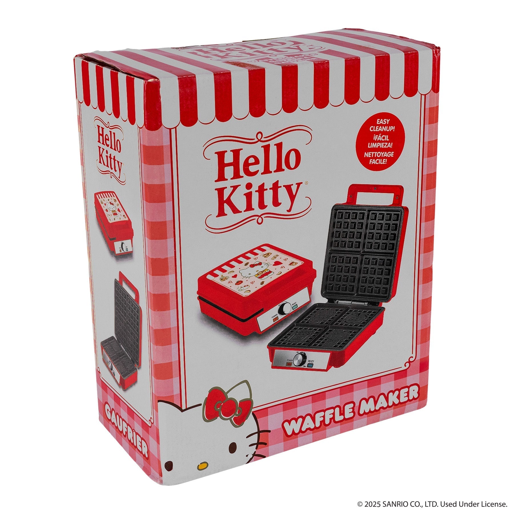 Waffles cooking in the non-stick plates of the Hello Kitty waffle maker