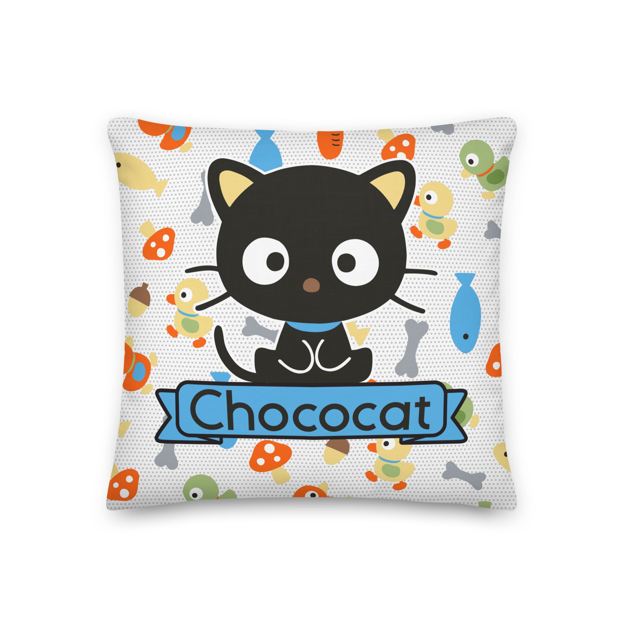 Chococat blue throw pillow displayed on a gray sofa with rustic decor