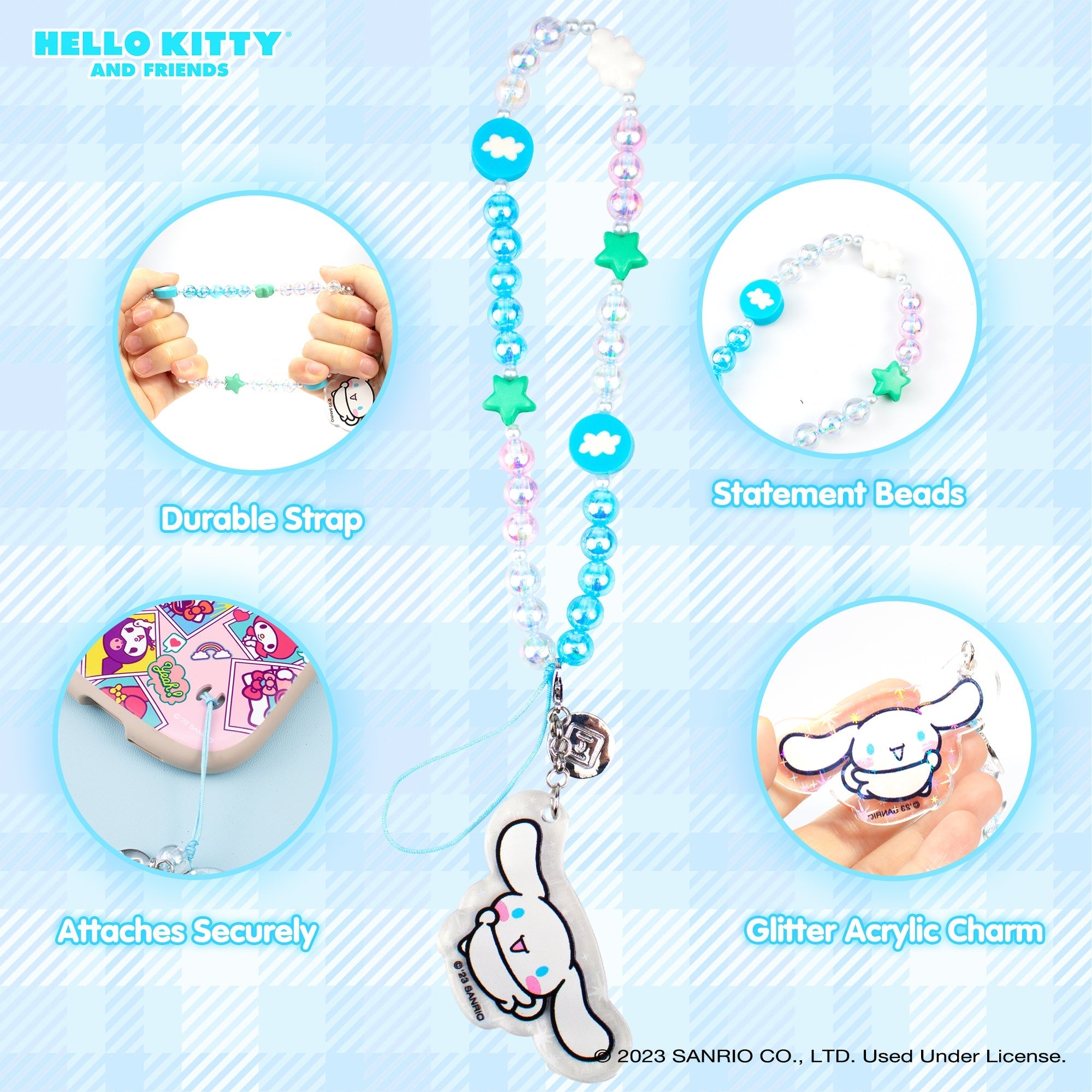 Close-up of the Cinnamoroll beaded phone wristlet with charm and wrist strap